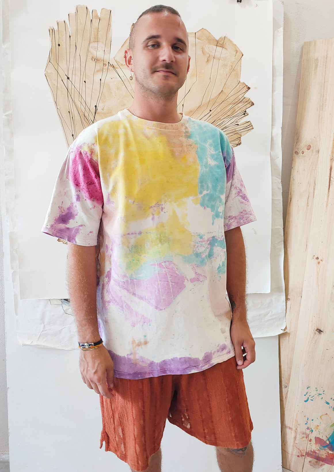 HANDPAINTED - T-SHIRT L - COTTON JERSEY creme painted
