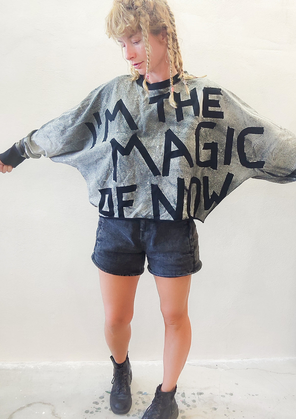 HANDPAINTED / CROPPED - SWEATER OVERSIZED - COTTON JERSEY black