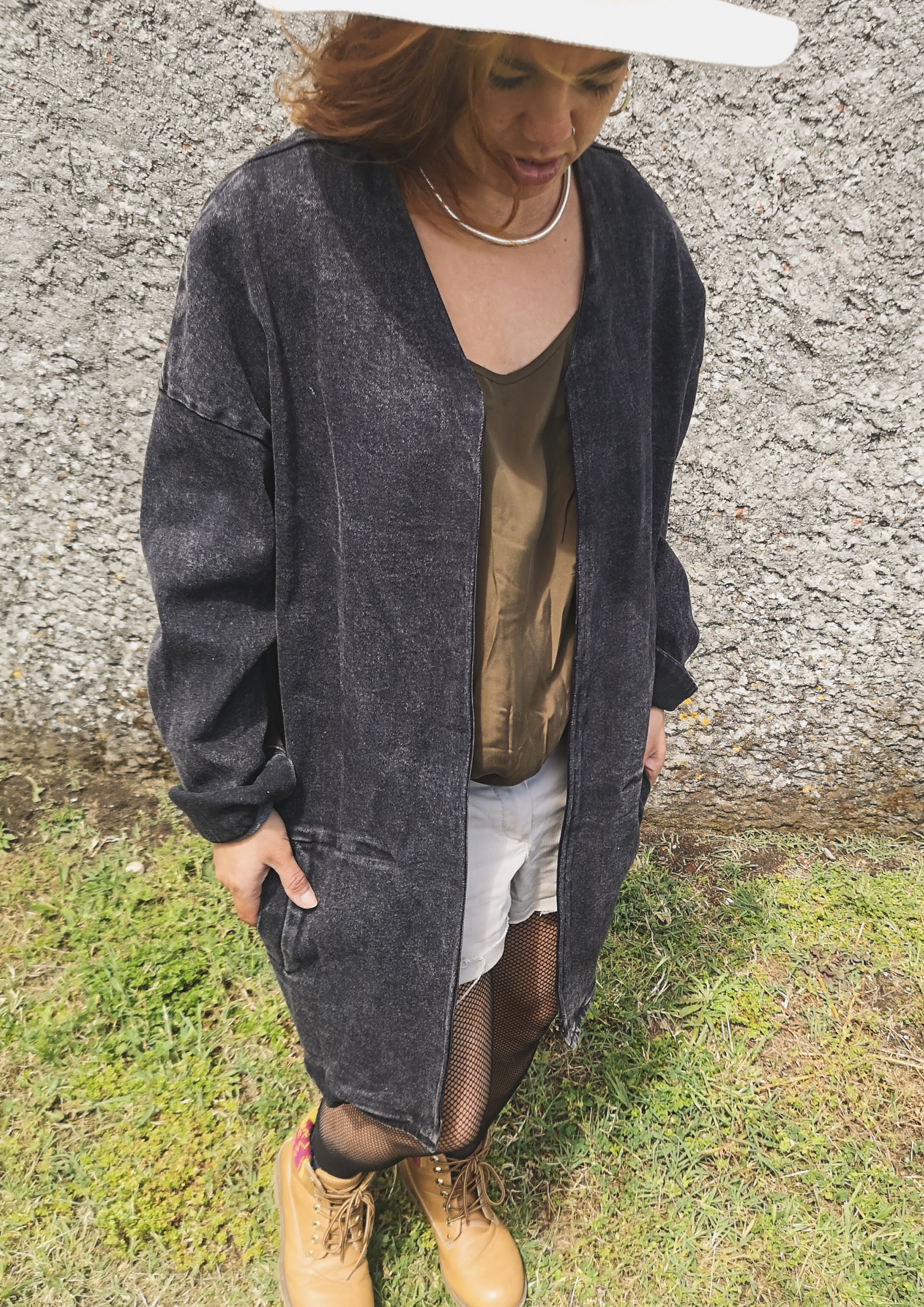 SUMMER DRESS/JACKET V-NECK ZIP - DENIM washed black - BERENIK