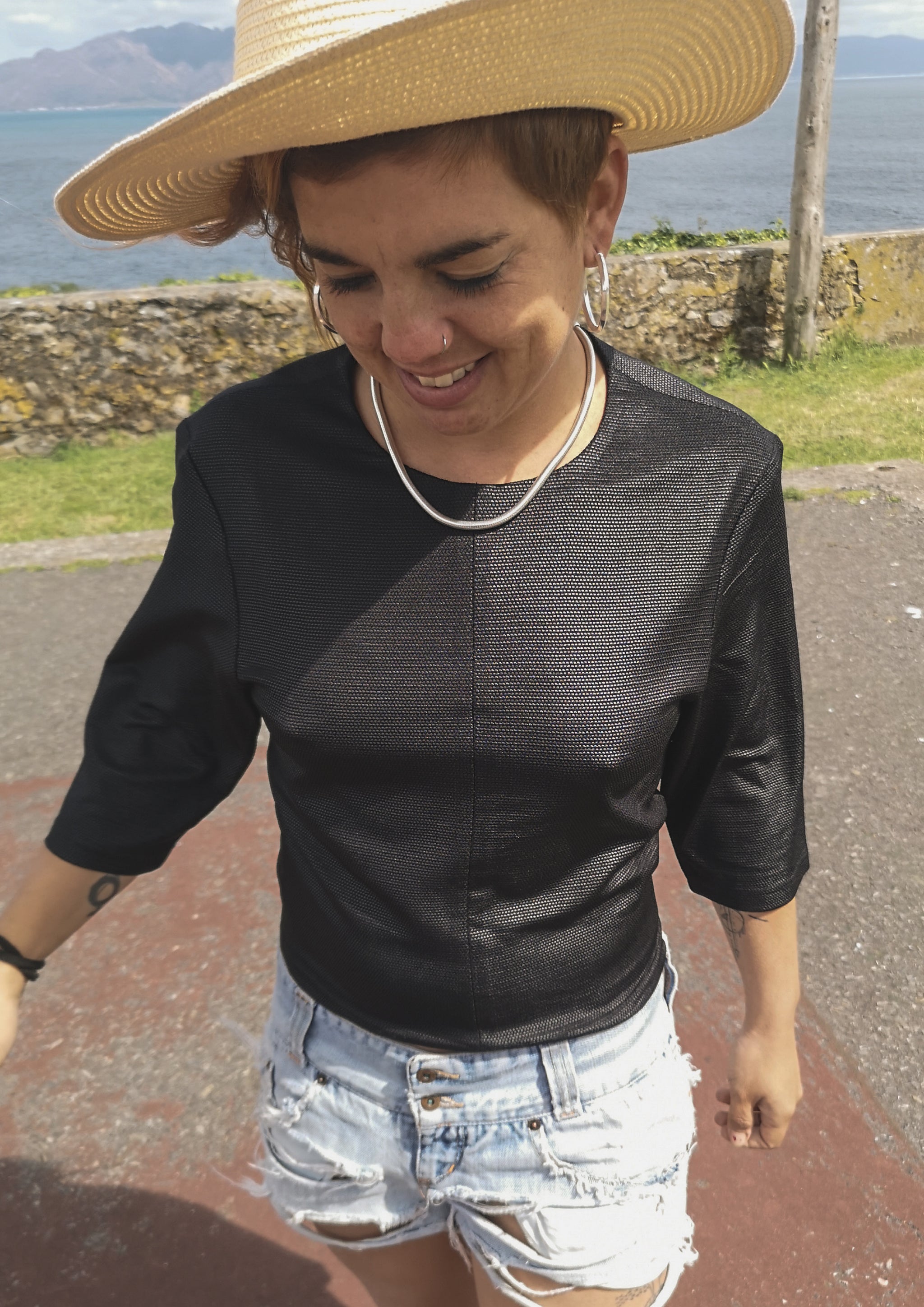 SHIRT SHORT SLEEVES - FANCY TECH LACES STRETCH black - BERENIK