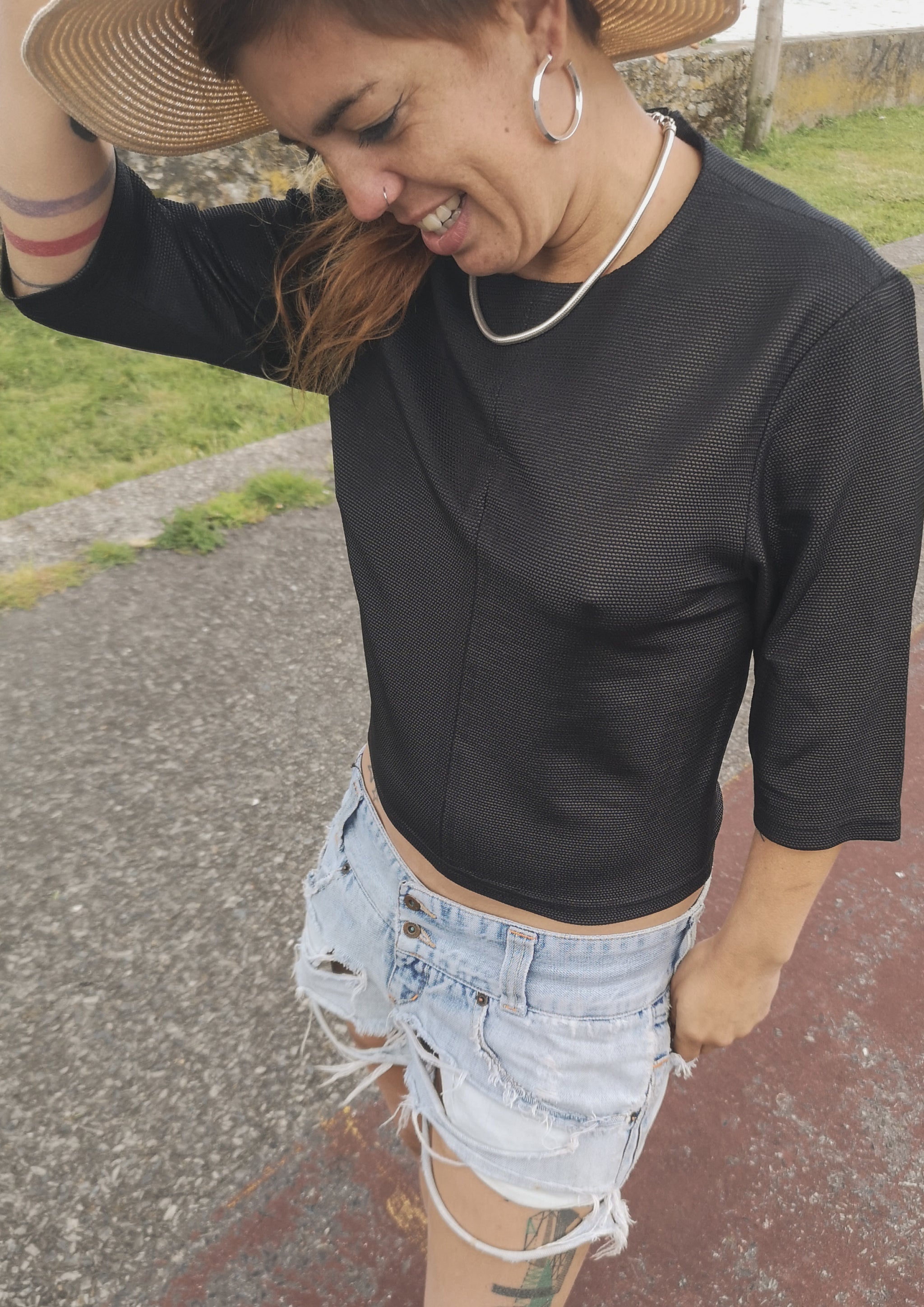 SHIRT SHORT SLEEVES - FANCY TECH LACES STRETCH black - BERENIK