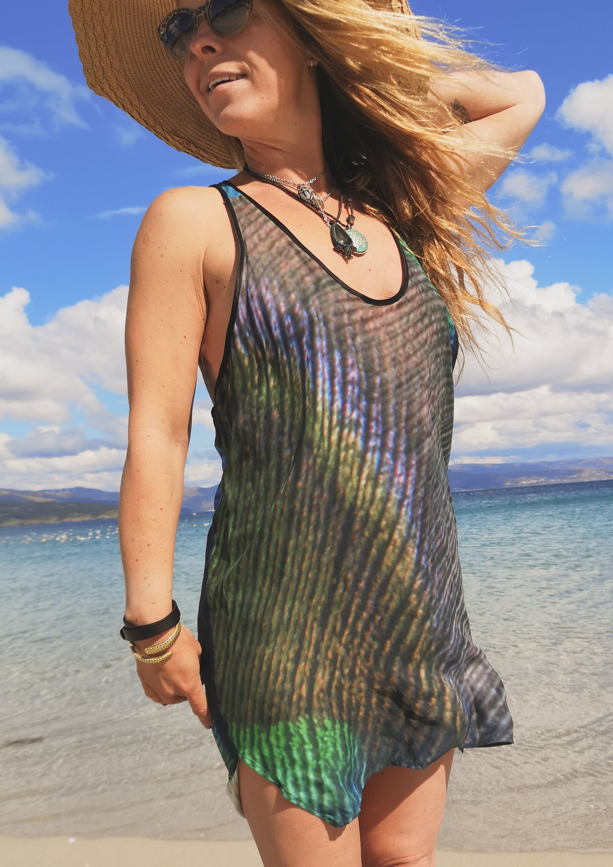 TANK TOP / DRESS OVERSIZED - SILKY CUPRO printed peacock - BERENIK