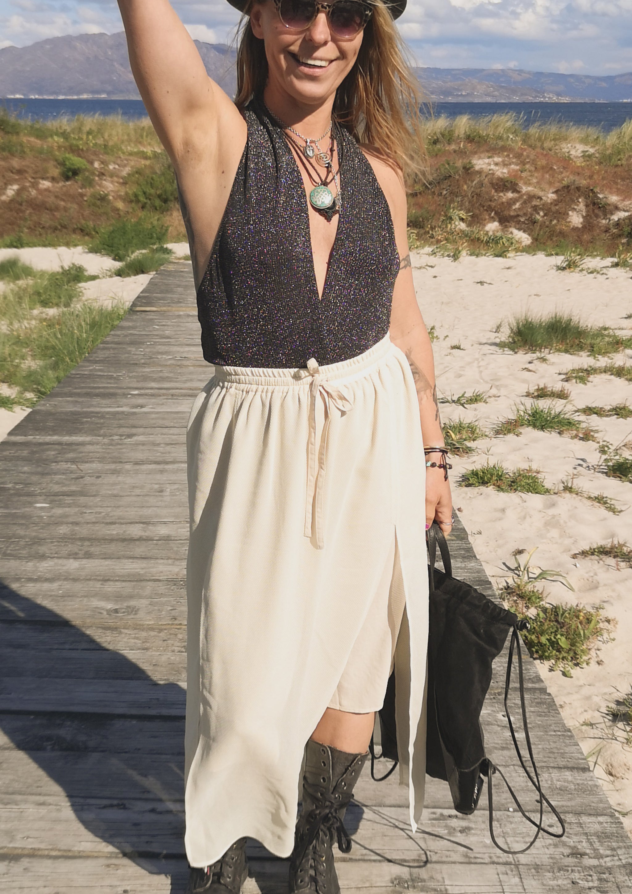 SKIRT LONG - ELASTIC WAIST SIDE SLOTS - creme - BERENIK