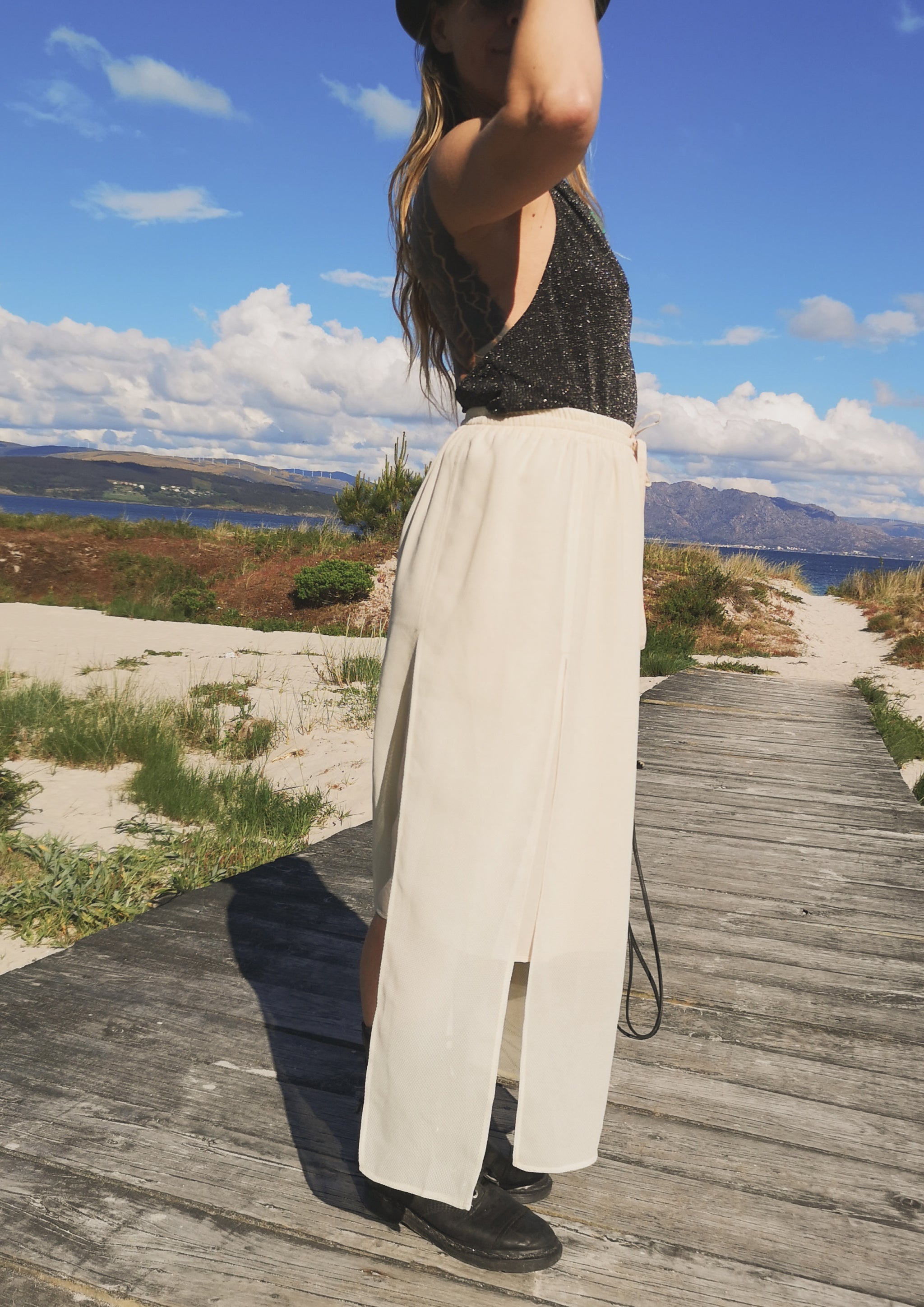 SKIRT LONG - ELASTIC WAIST SIDE SLOTS - creme - BERENIK