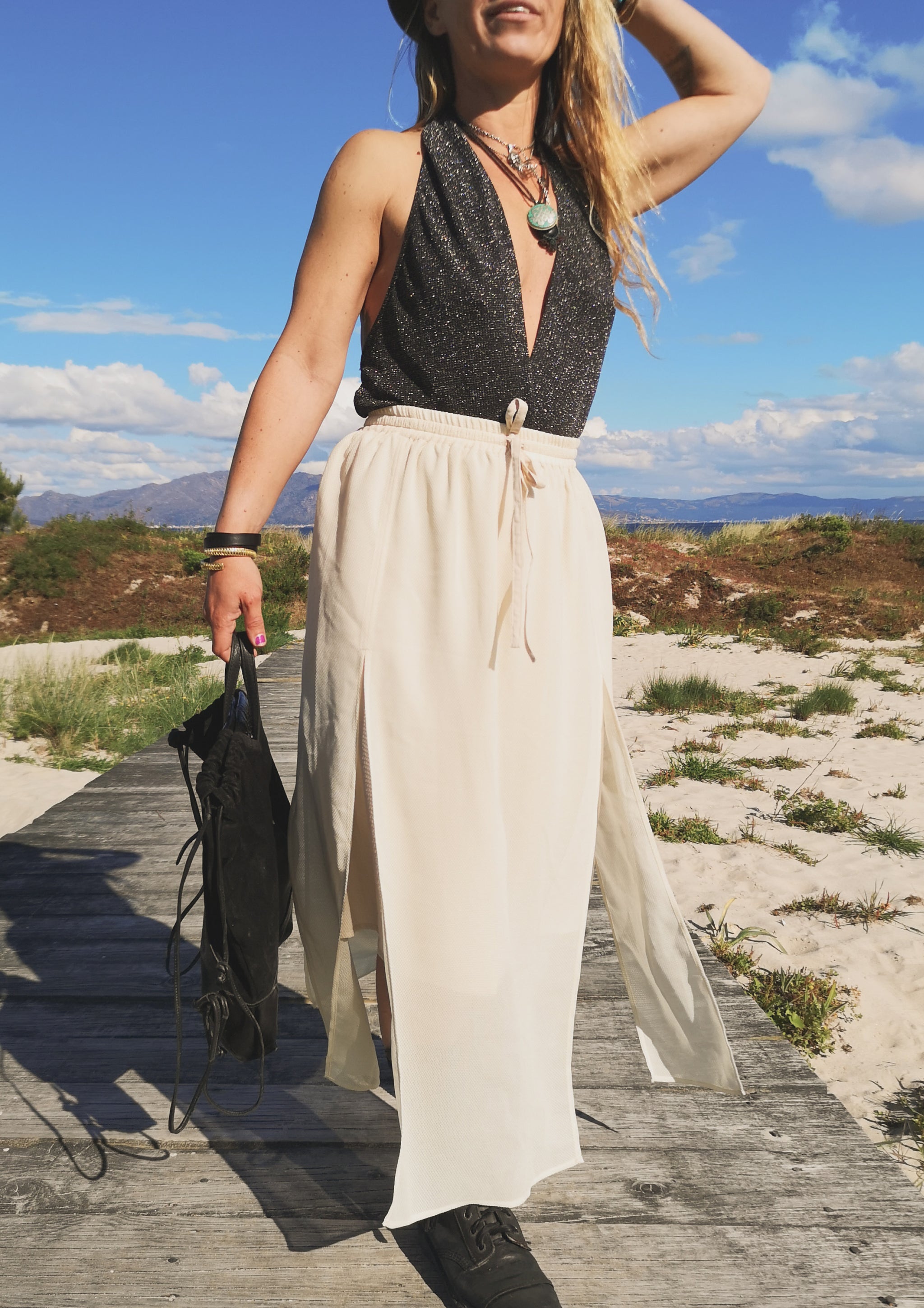 SKIRT LONG - ELASTIC WAIST SIDE SLOTS - creme - BERENIK