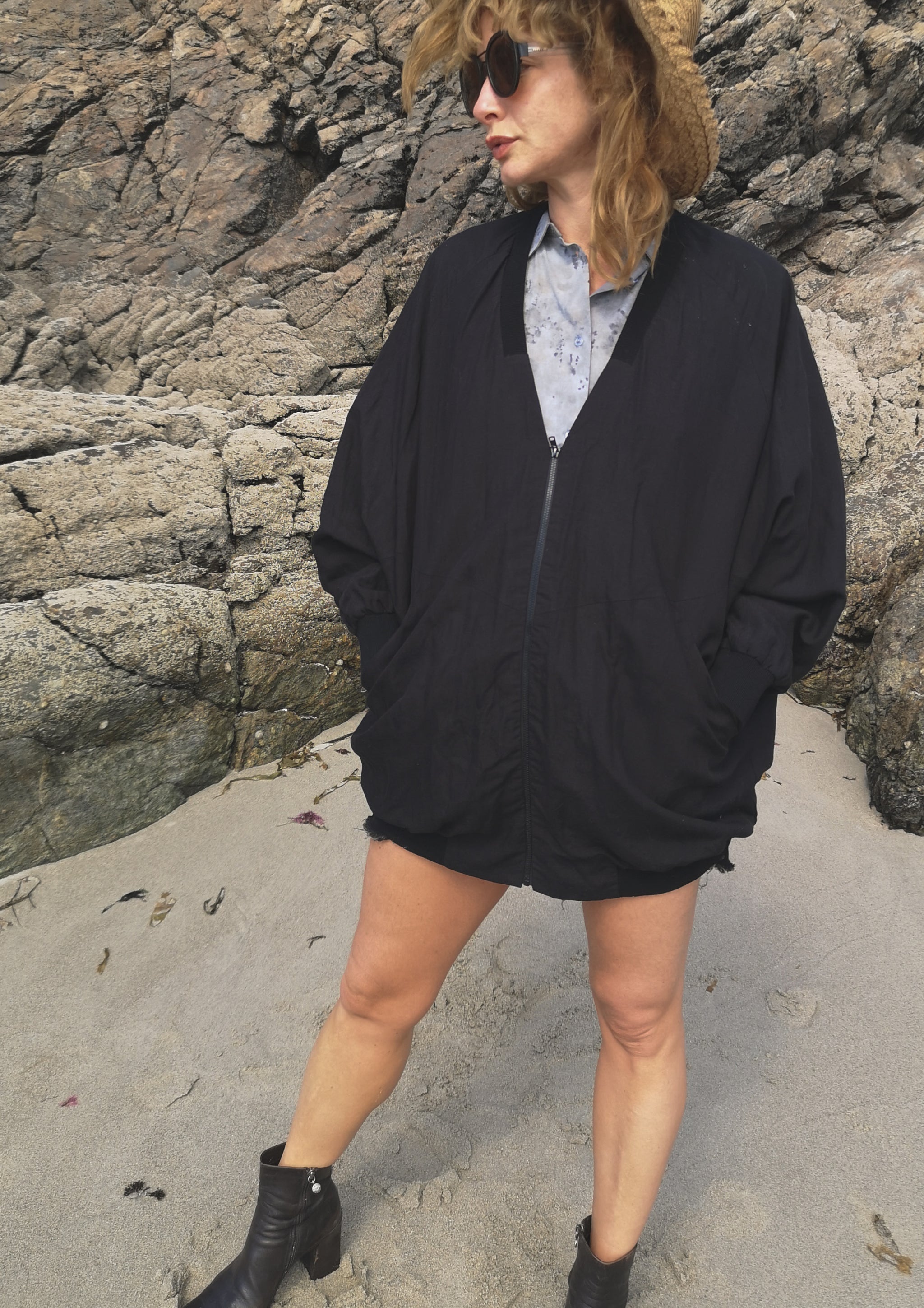 VINTAGE PILOT JACKET V NECK LINEN black BERENIK