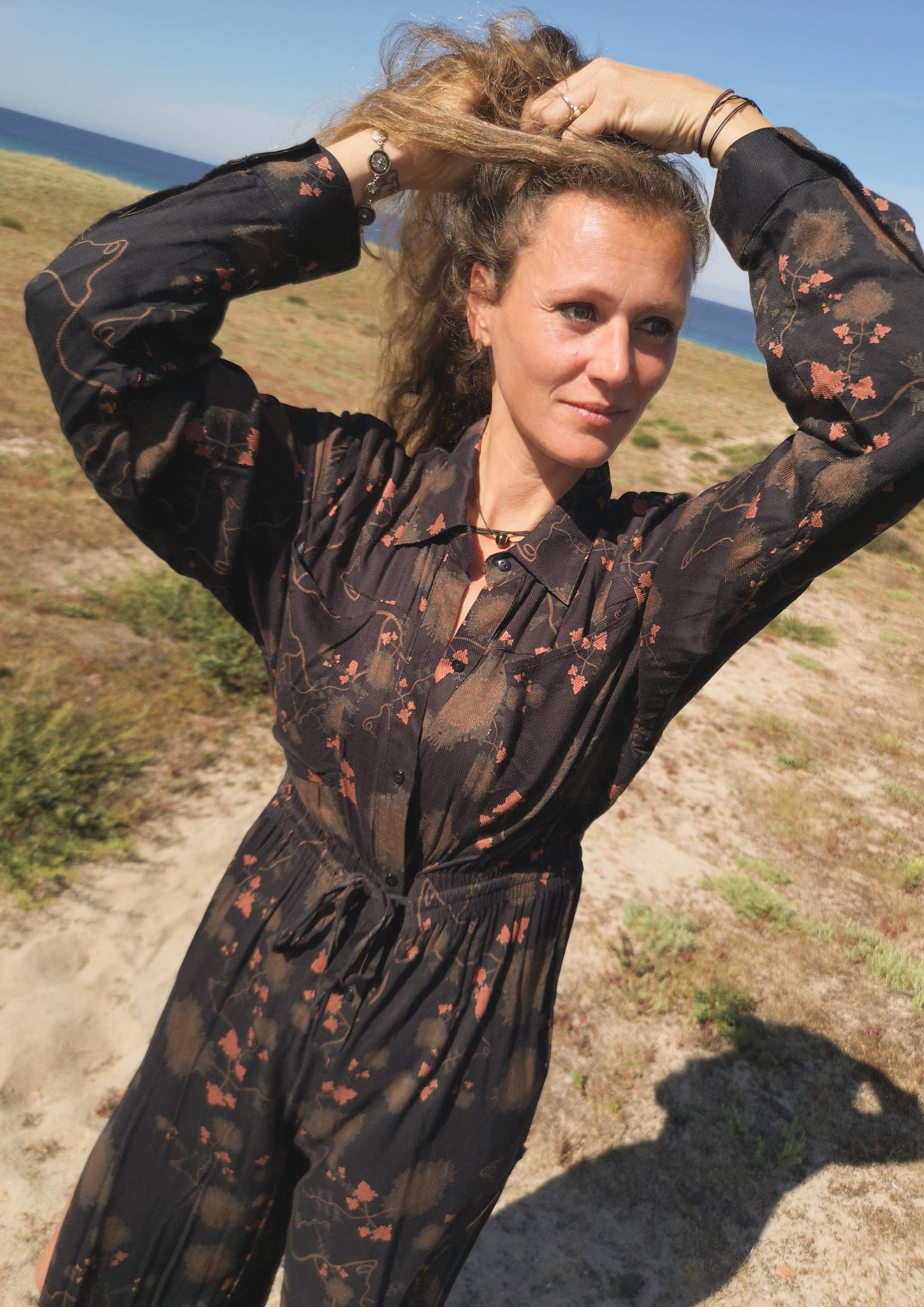 JUMPSUIT WIDE - AIRY SUMMER SILKY RAYON printed black/rust - BERENIK