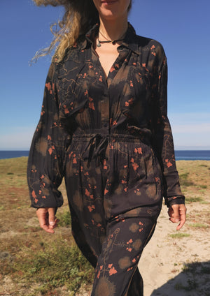 JUMPSUIT WIDE - AIRY SUMMER SILKY RAYON printed black/rust - BERENIK