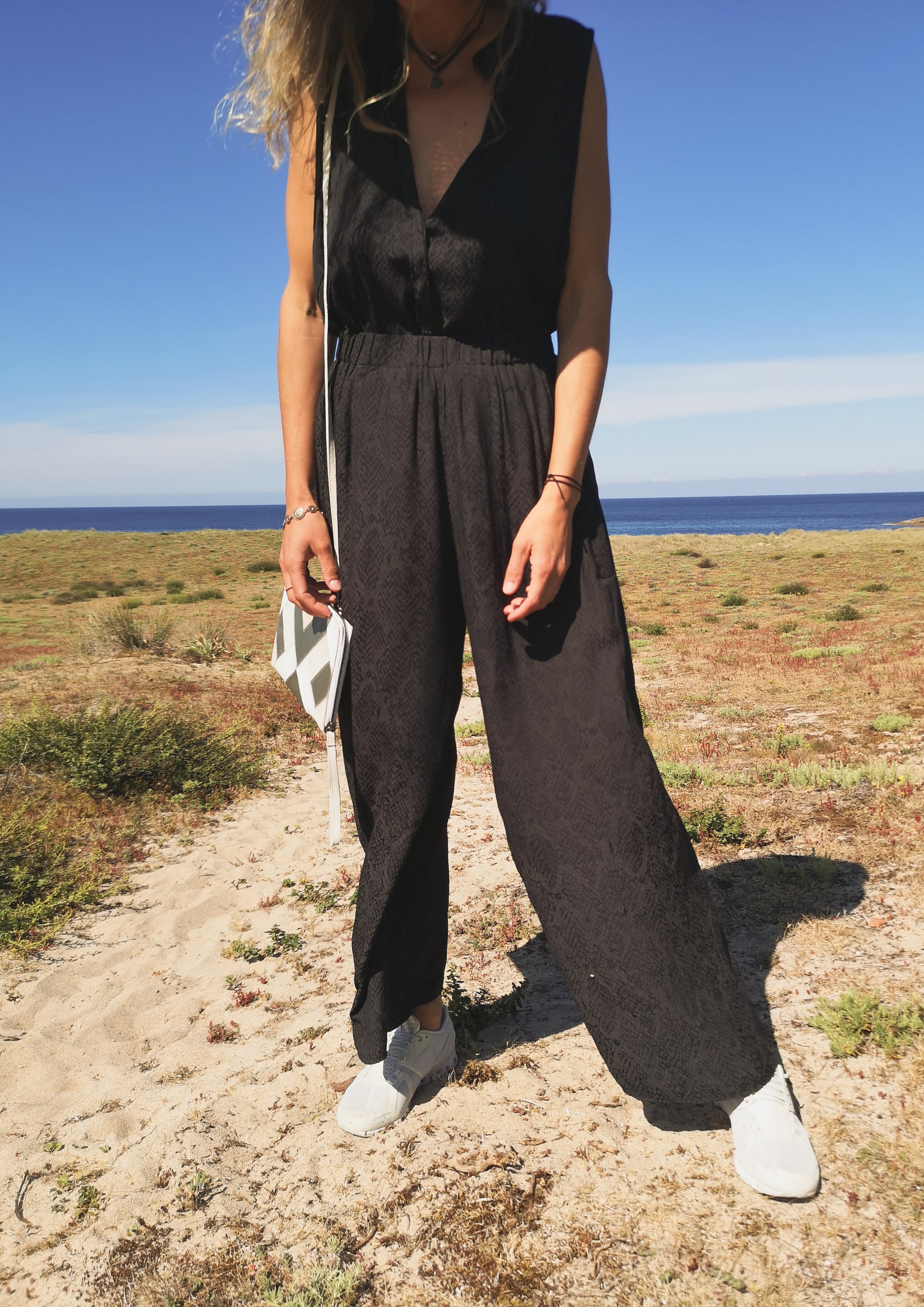 PANTS WIDE ELASTIC- JACQUARD SATIN black snake - BERENIK