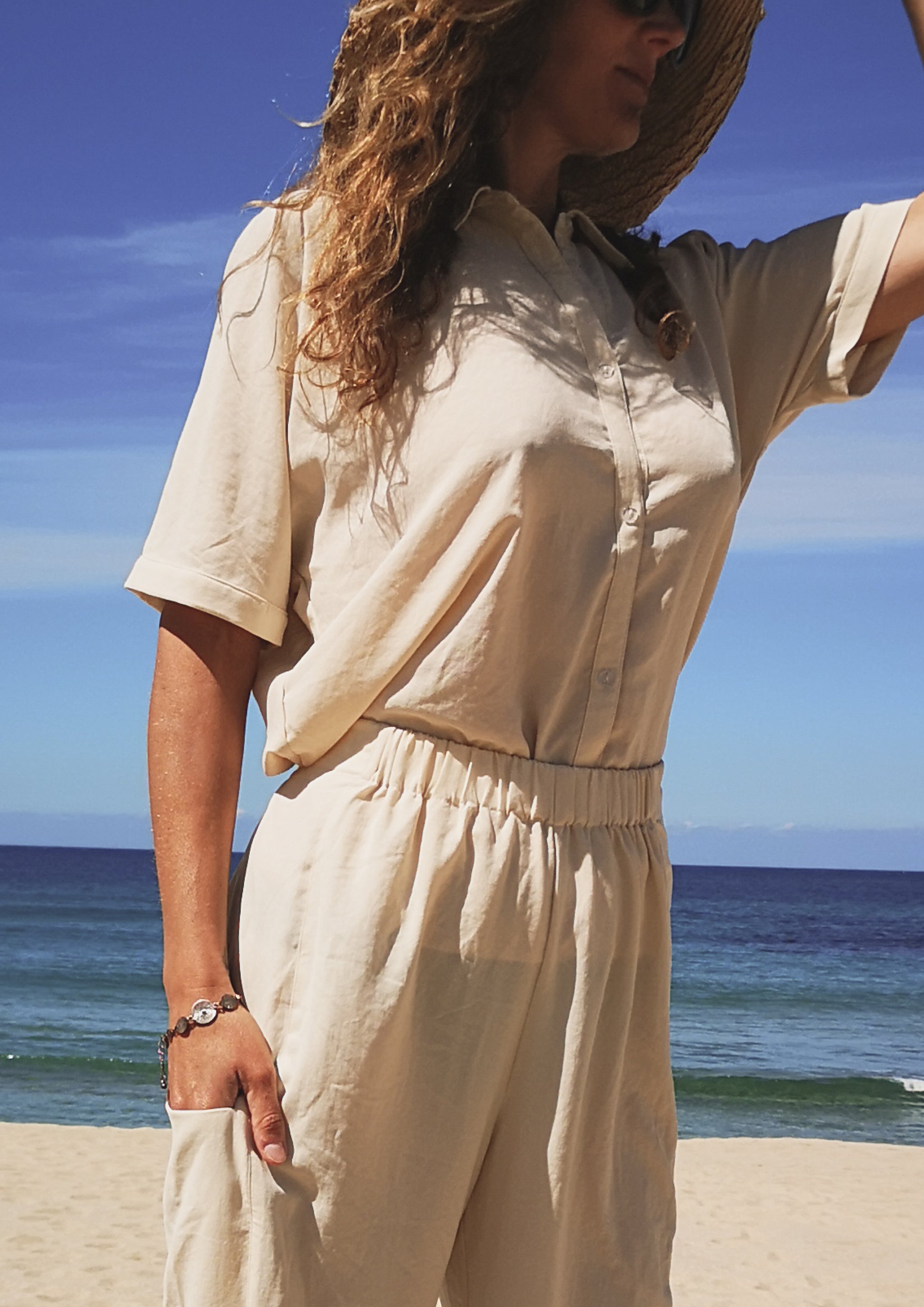 BLOUSE SHORT SLEEVES - THIN DRAPING cream - BERENIK