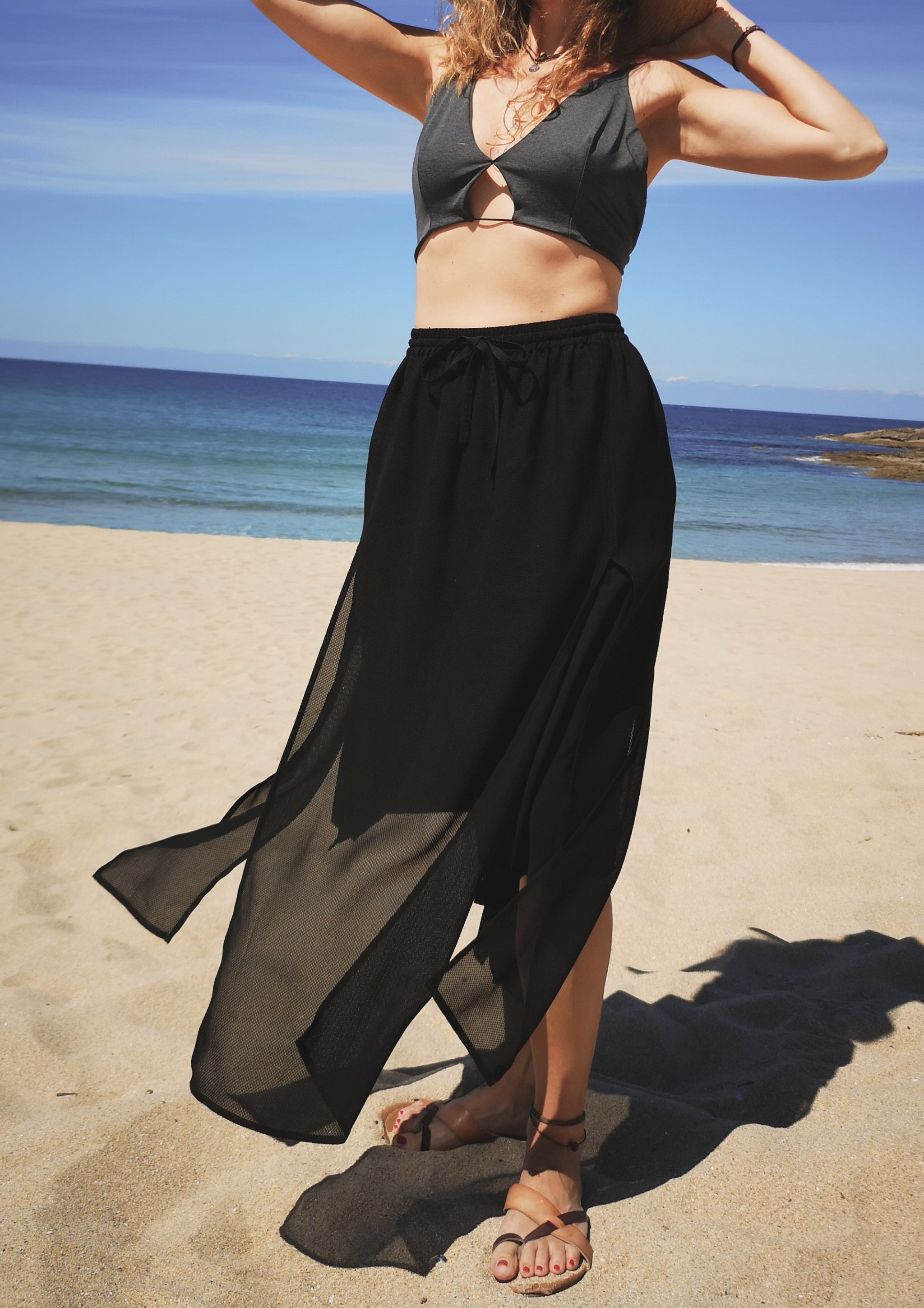 SKIRT LONG SIDE SLOTS AIRY MESH black BERENIK