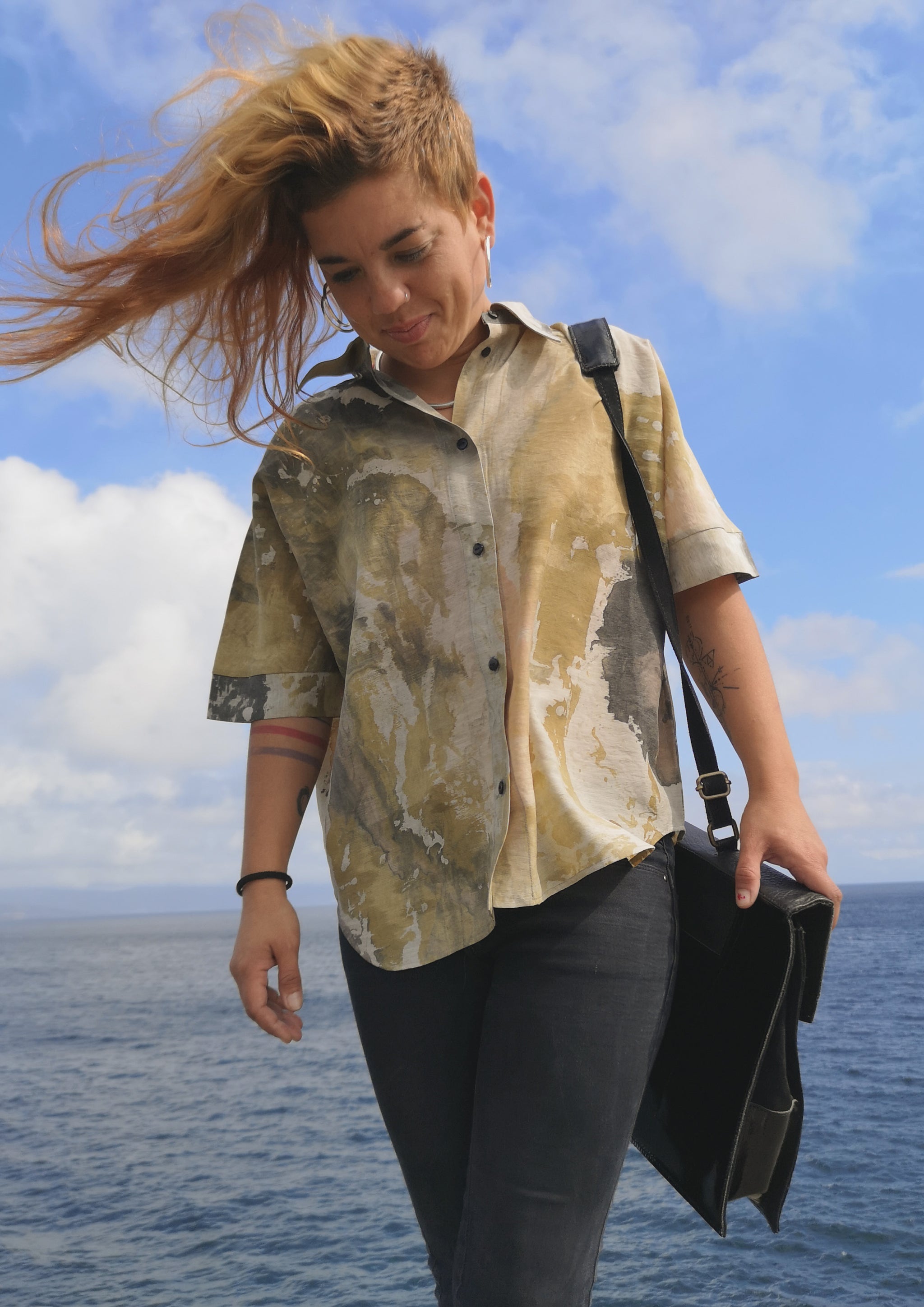 HOMEMADE - UNIQUE BLOUSE UNISEX - HAND PAINTED - green / yellow / white - BERENIK