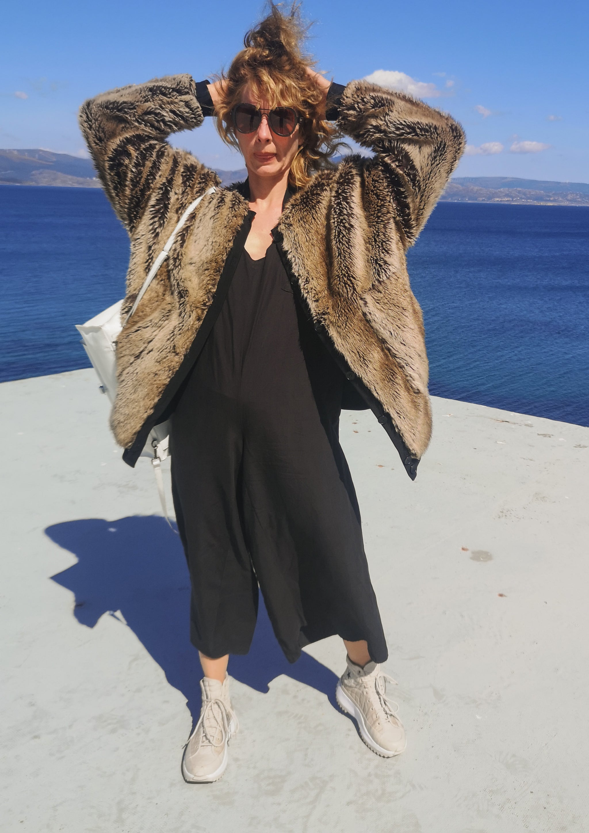 PILOT JACKET - FAUX RACOON black/beige - BERENIK