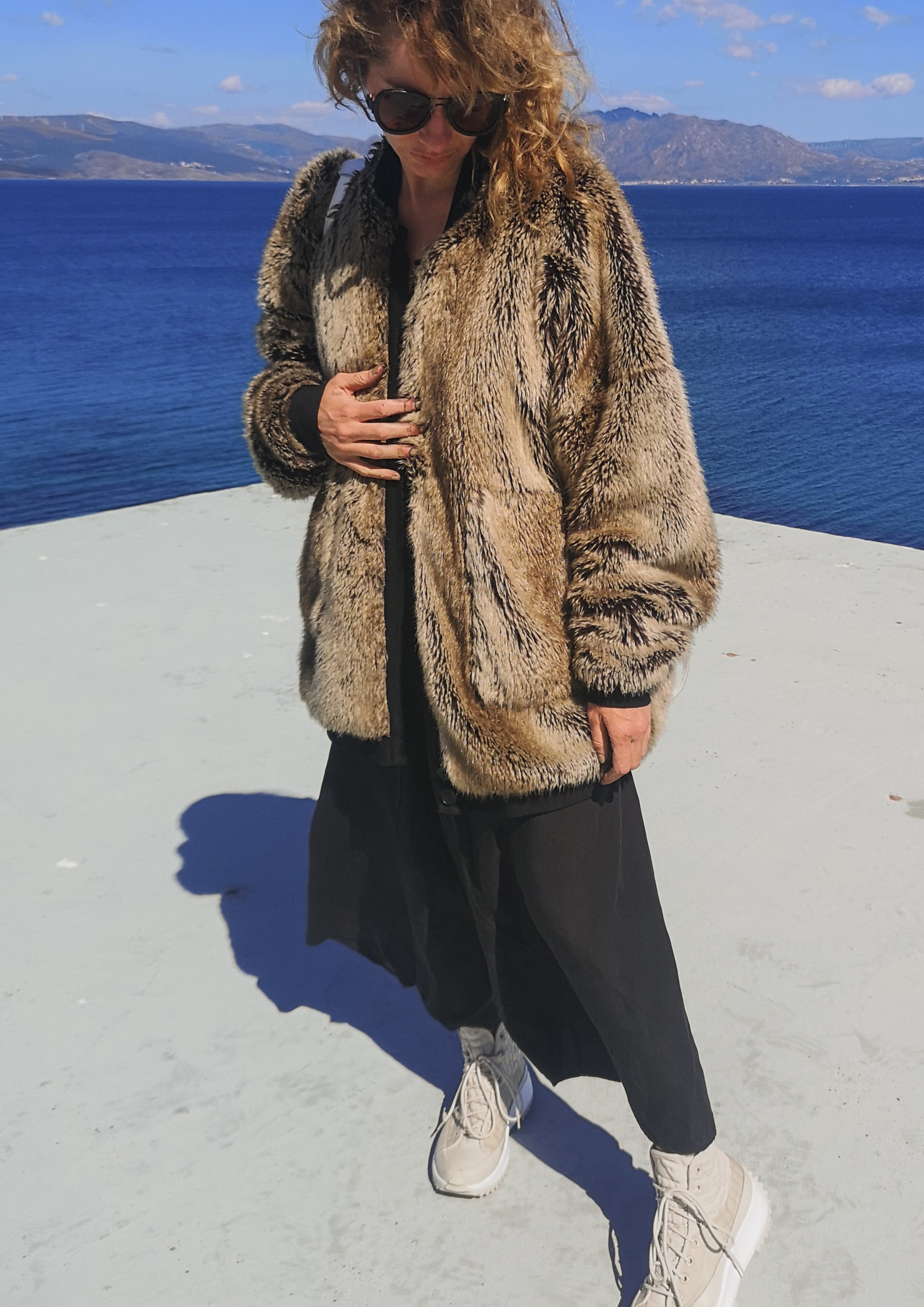 PILOT JACKET - FAUX RACOON black/beige - BERENIK