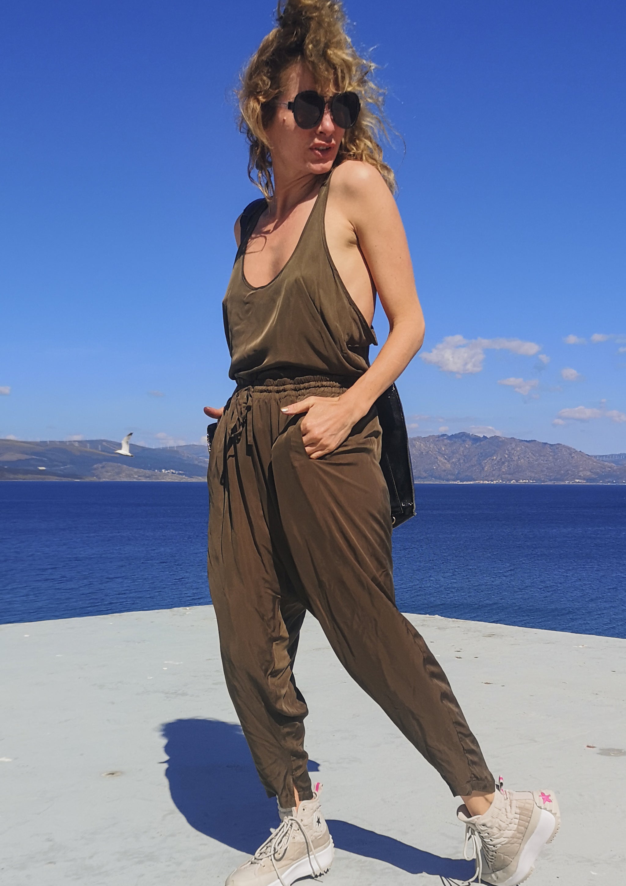 PANTS LOOSE ELASTIC- CUPRO BIAS khaki - BERENIK