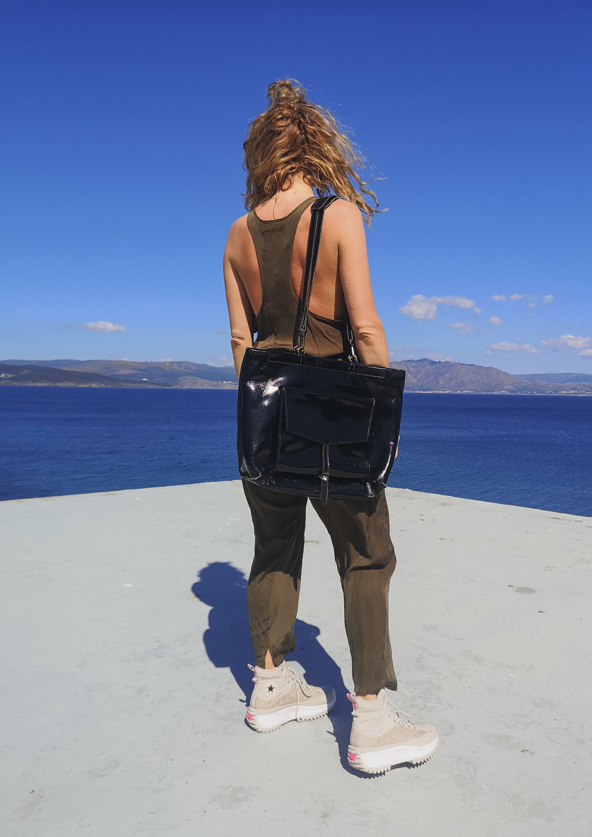 Black patent leather backpack sales
