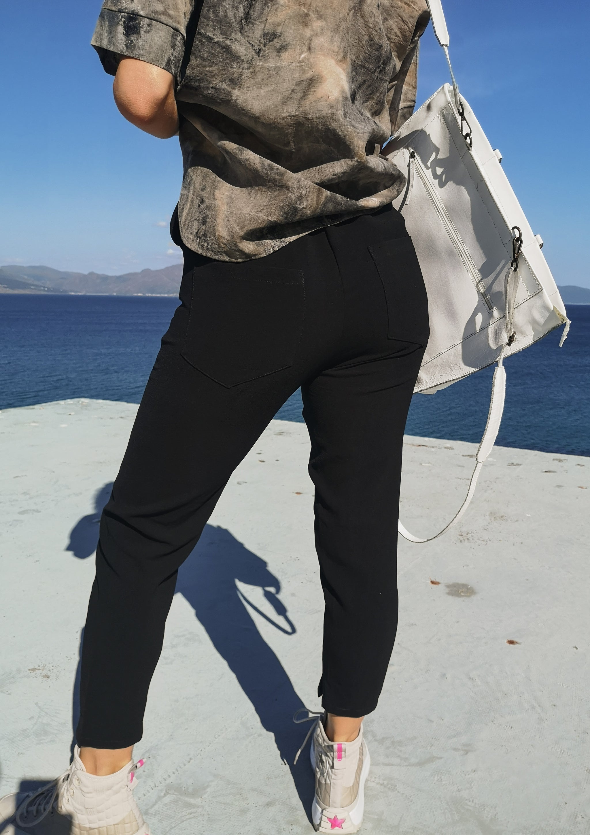 PANTS STRETCH HIGH WAIST - VINTAGE SAKURA CREPE black plain - BERENIK