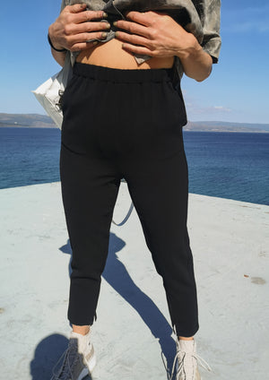 PANTS STRETCH HIGH WAIST - VINTAGE SAKURA CREPE black plain - BERENIK