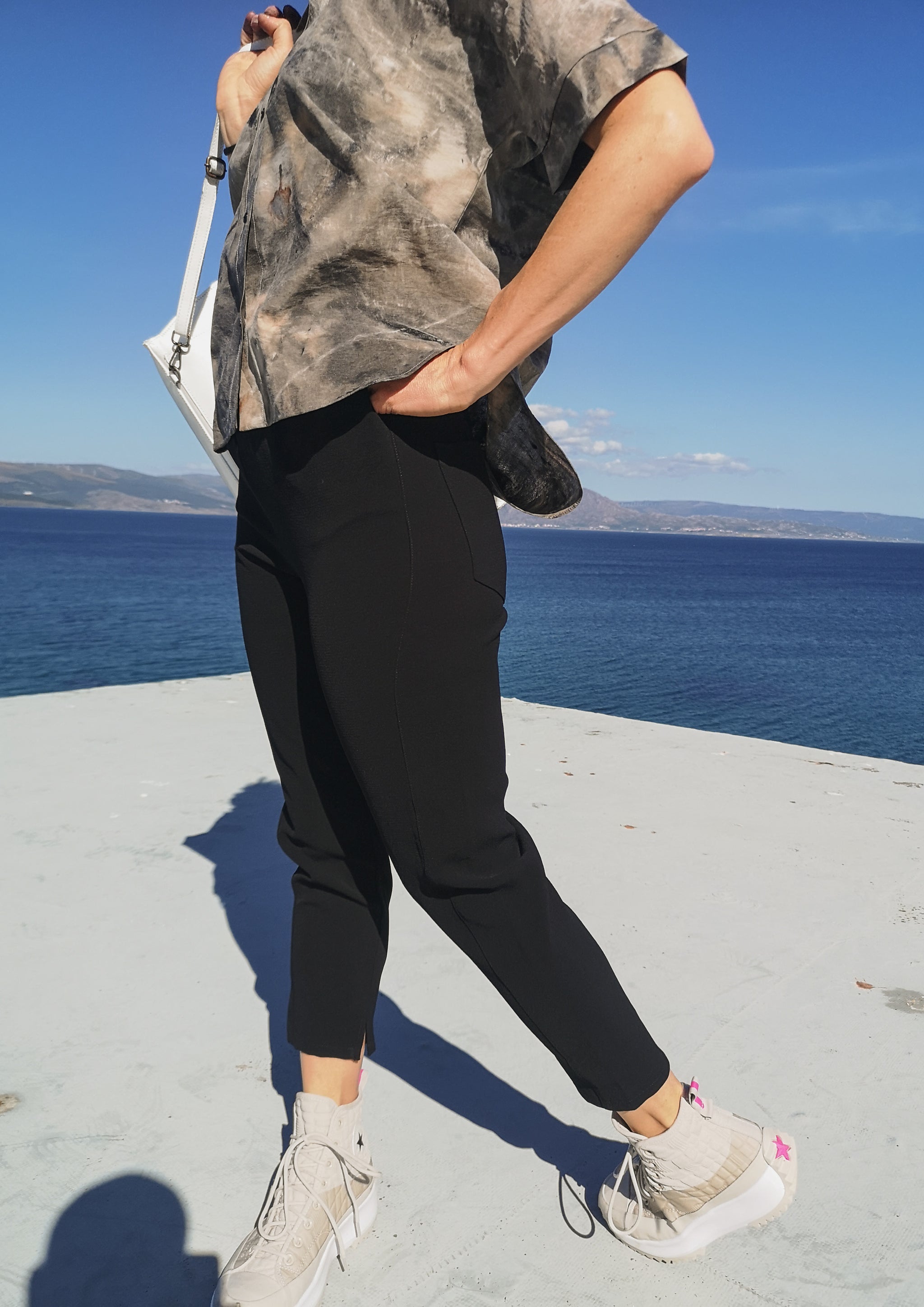 PANTS STRETCH HIGH WAIST - VINTAGE SAKURA CREPE black plain - BERENIK