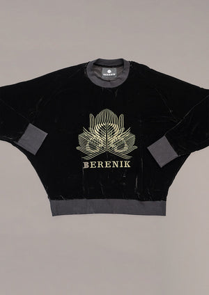 OVERSIZED SWEATER - SILK VELVET black with golden BERENIK embroidery - BERENIK