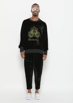 OVERSIZED SWEATER - SILK VELVET black with golden BERENIK embroidery - BERENIK