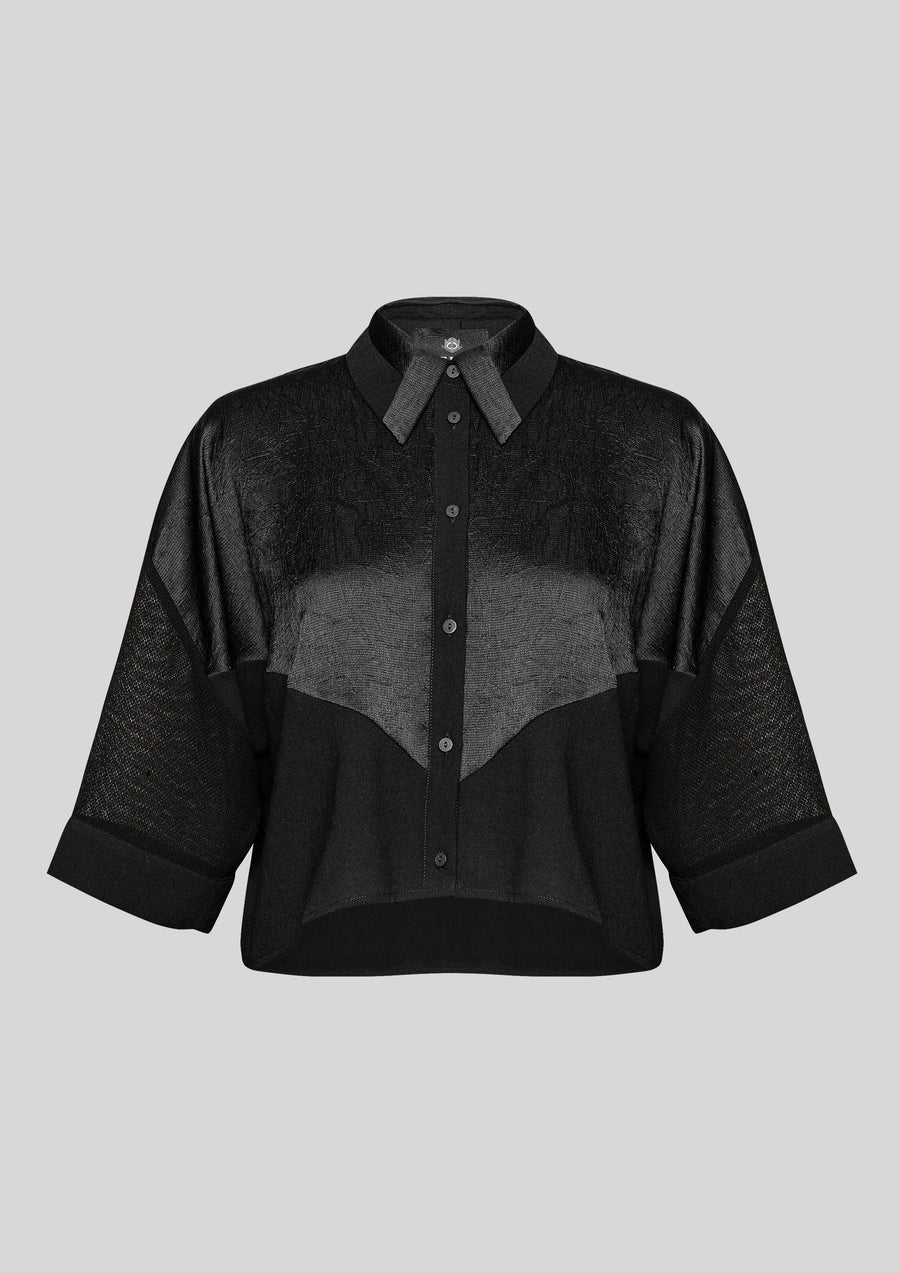 BLOUSE SHORT SLEEVES - SHINY/MESH black - BERENIK