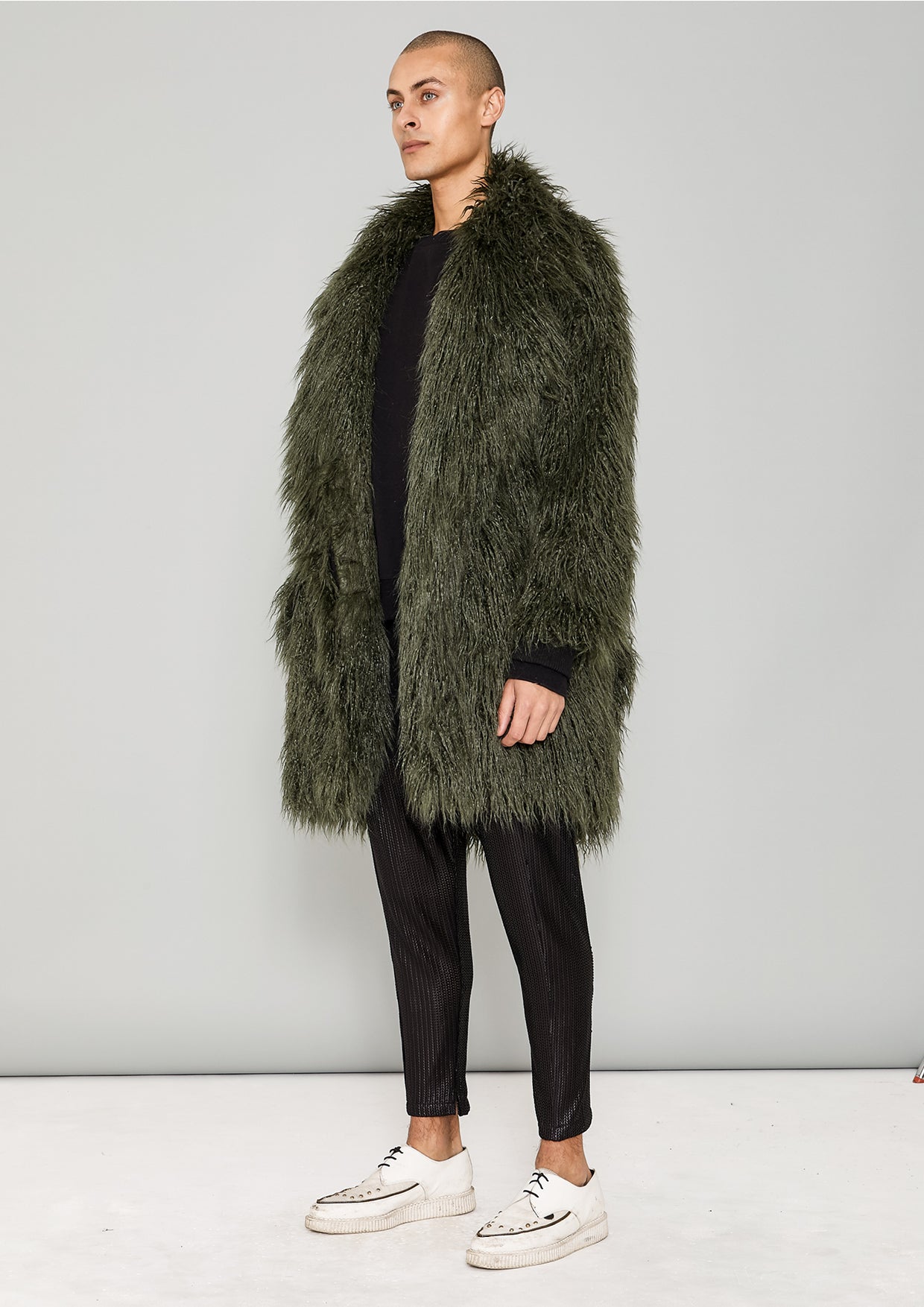 COAT FUR LINING FAUX FUR SHAGGY dark green
