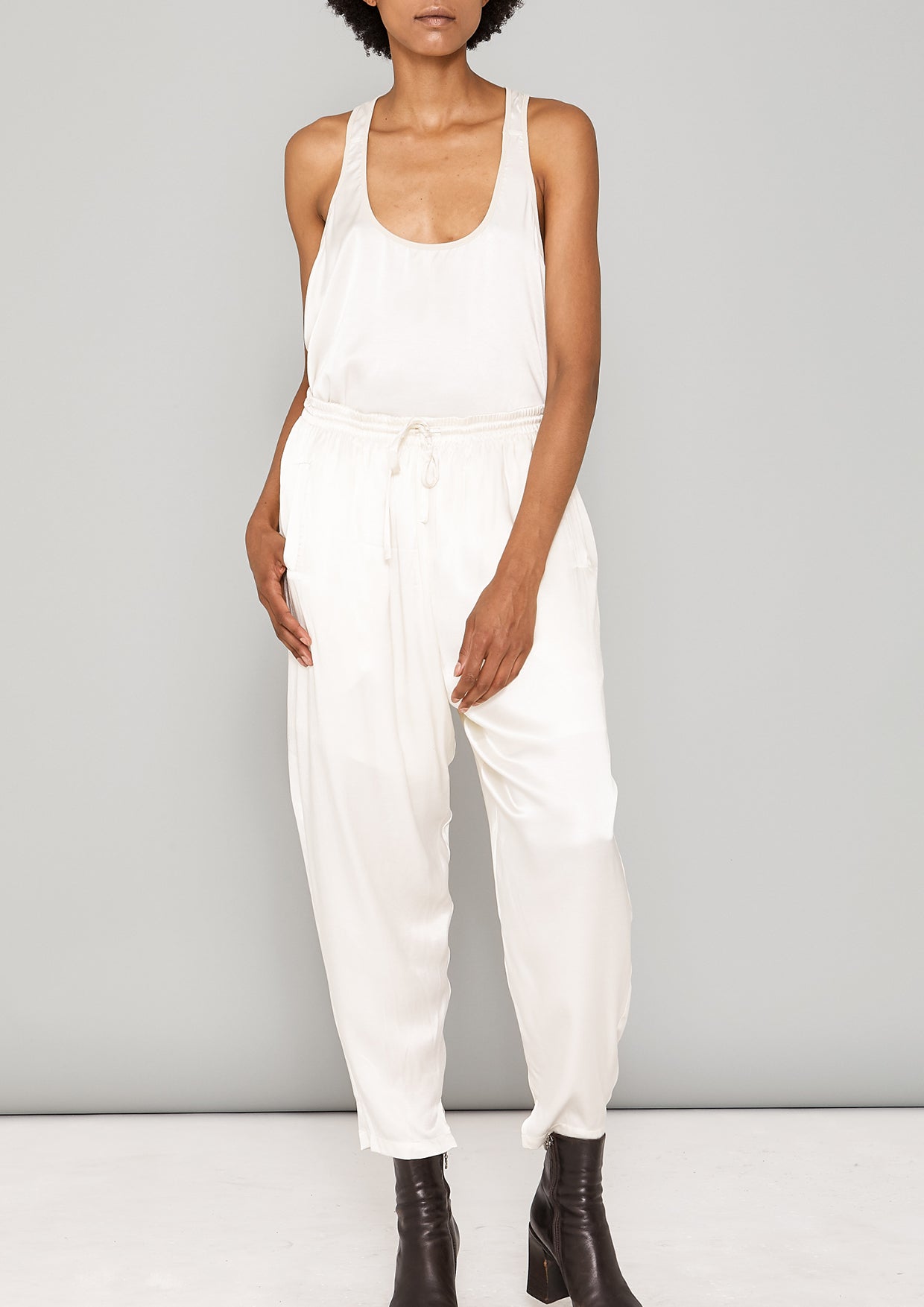 PANTS LOOSE ELASTIC - SILKY RAYON SATIN white - BERENIK