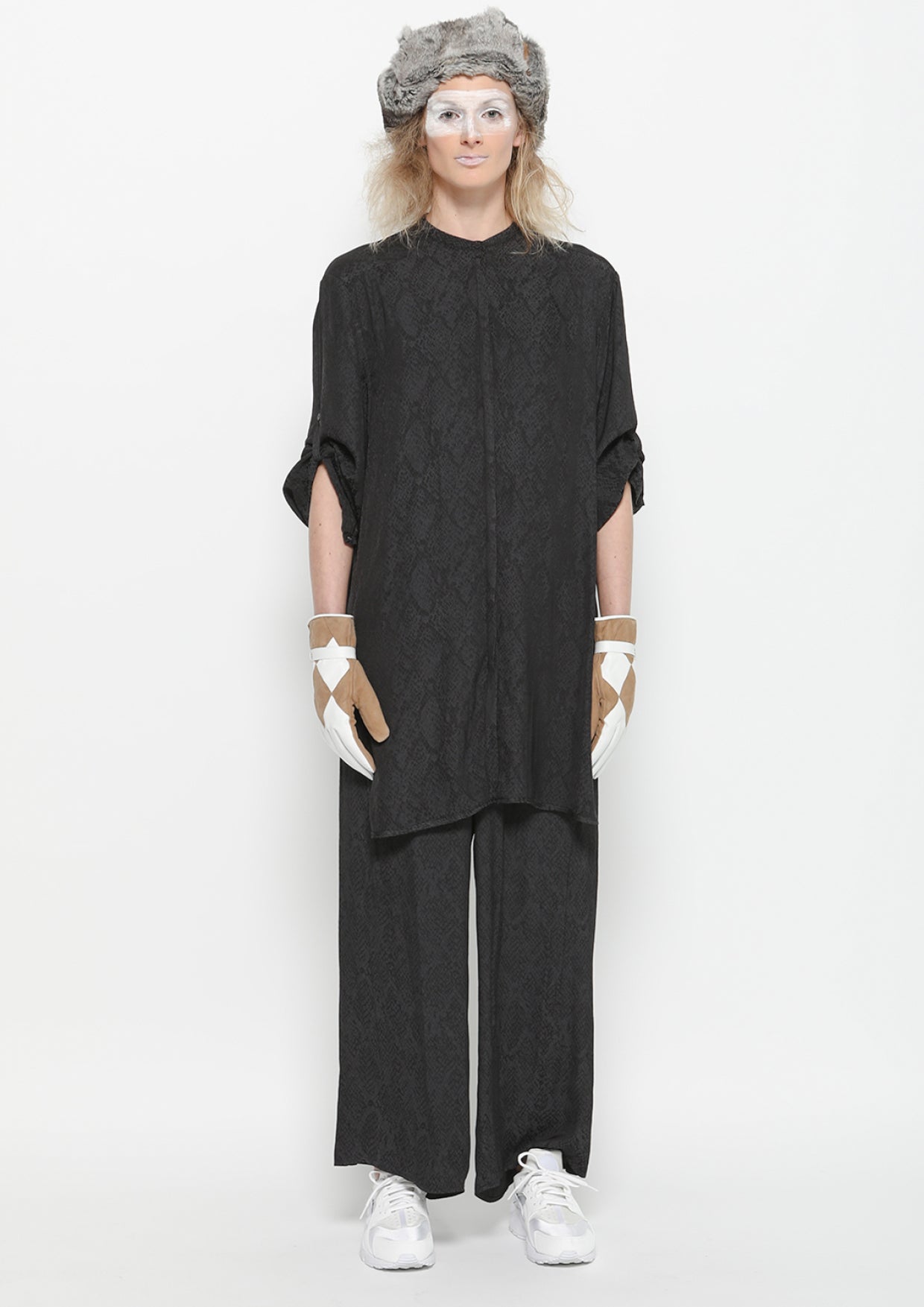 PANTS WIDE ELASTIC- JACQUARD SATIN black snake - BERENIK