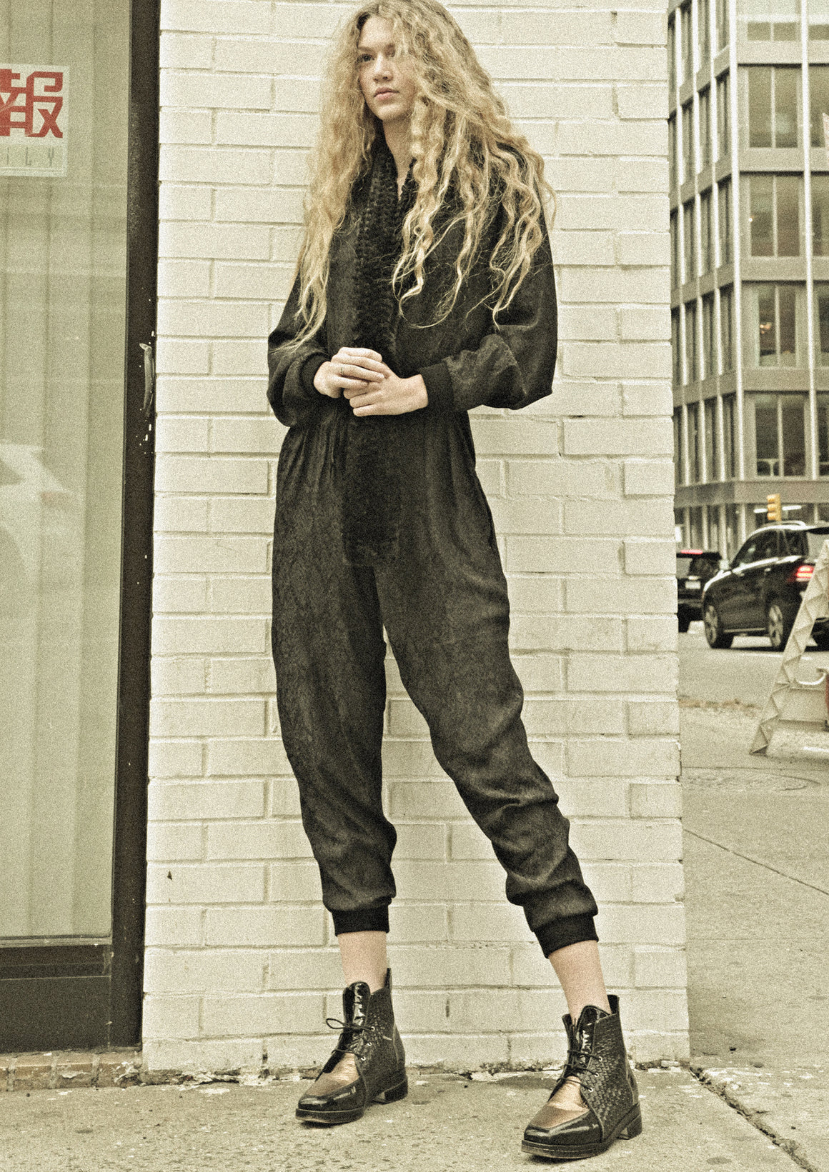 JUMPSUIT LONG OVERSIZED - JACQUARD SATIN black snake - BERENIK