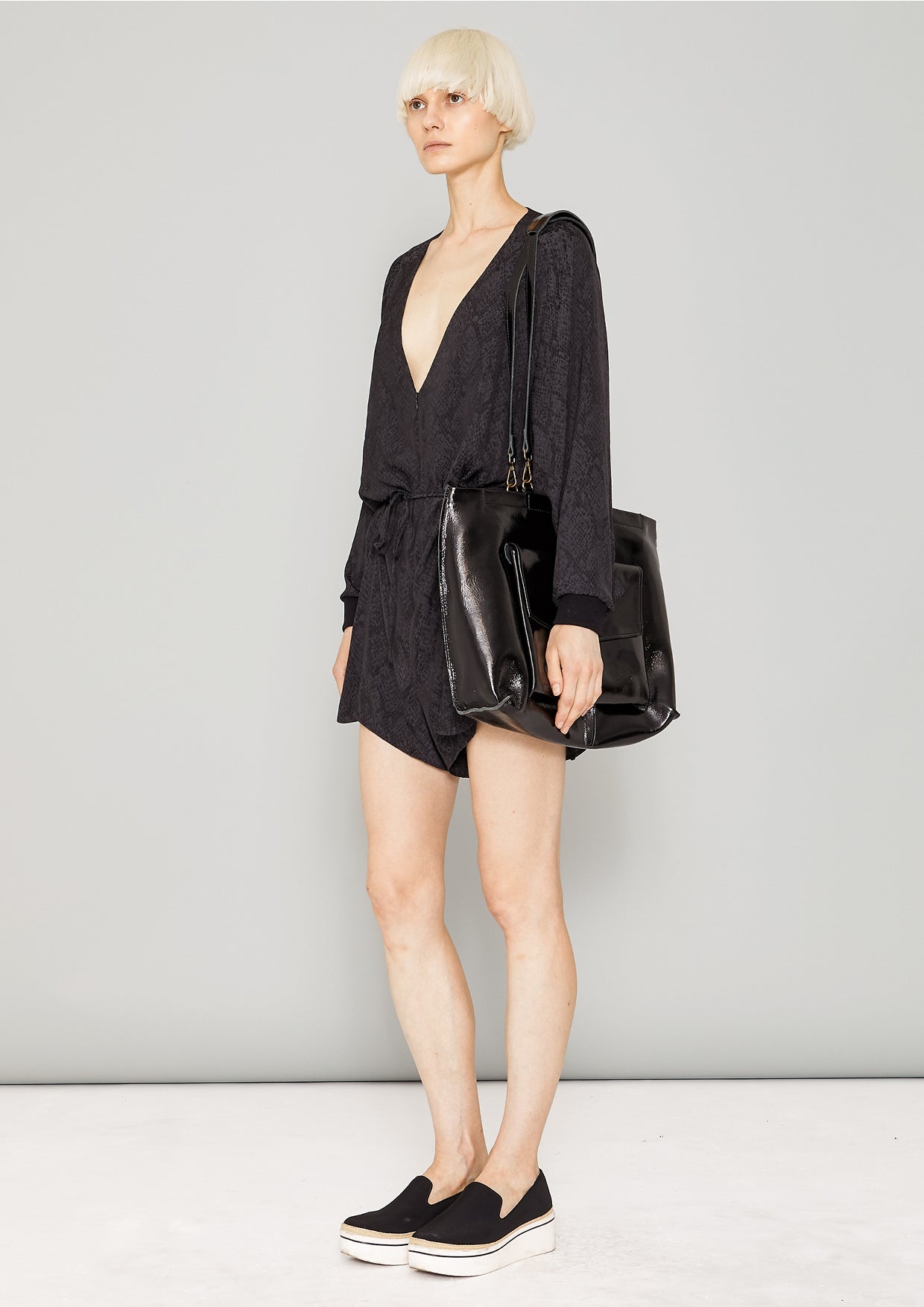 JUMPSUIT SHORT OVERSIZED -  JACQUARD SATIN black snake - BERENIK