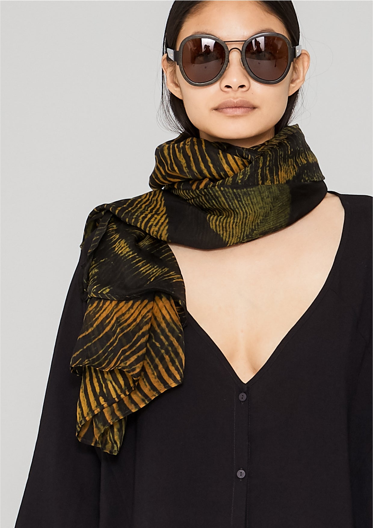 SCARF - SILK MOUSSELINE printed feather gold - BERENIK
