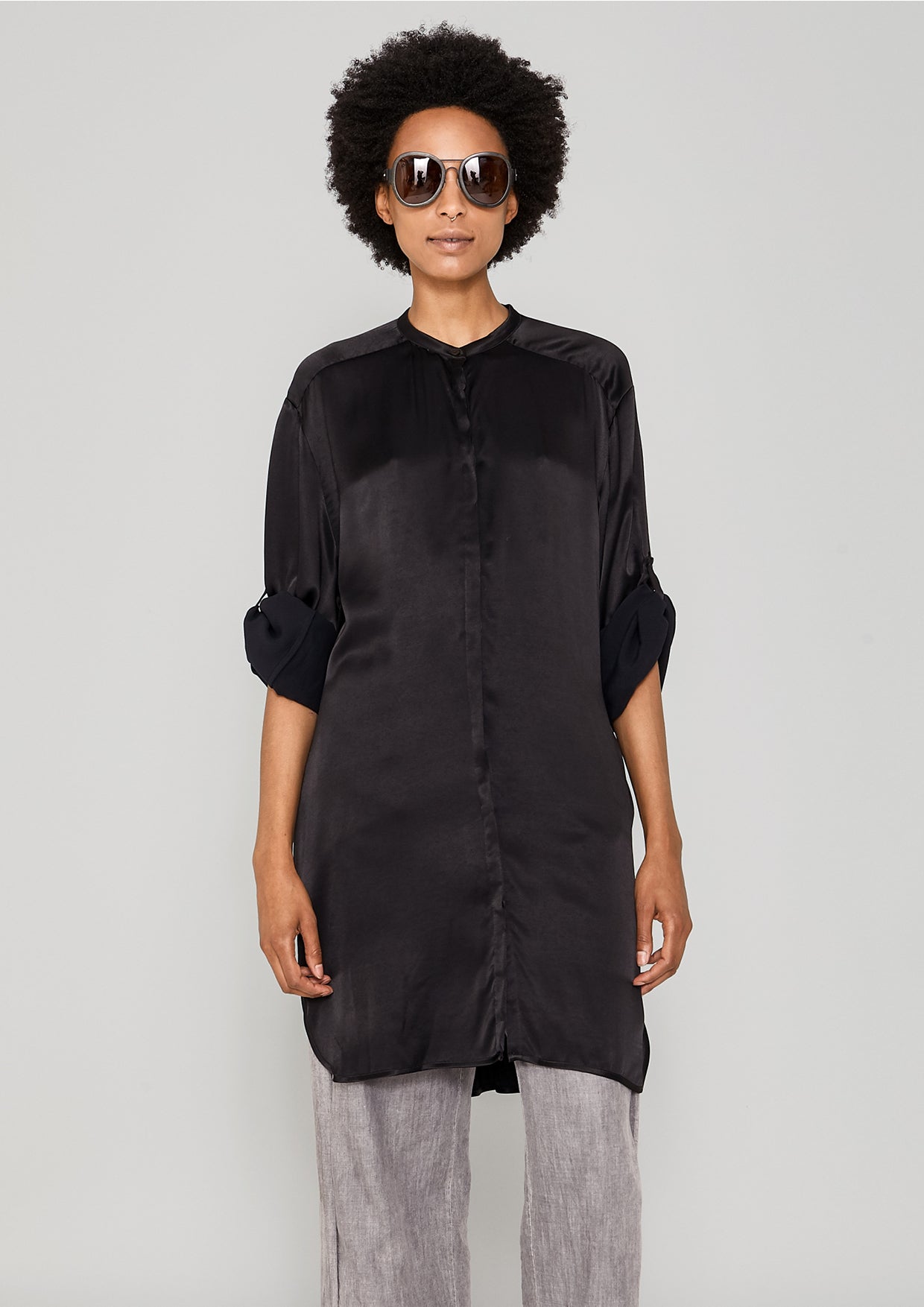 BLOUSE LONG - SILKY RAYON SATIN black - BERENIK