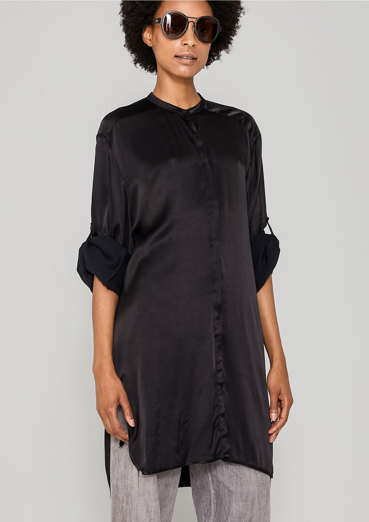 BLOUSE LONG - SILKY RAYON SATIN black - BERENIK