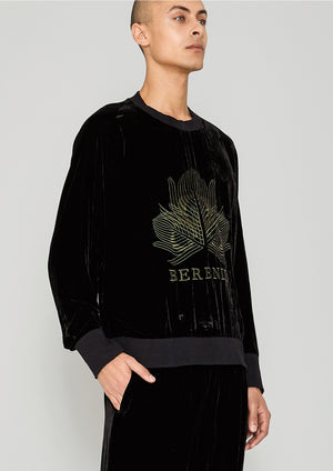 OVERSIZED SWEATER - SILK VELVET black with golden BERENIK embroidery - BERENIK