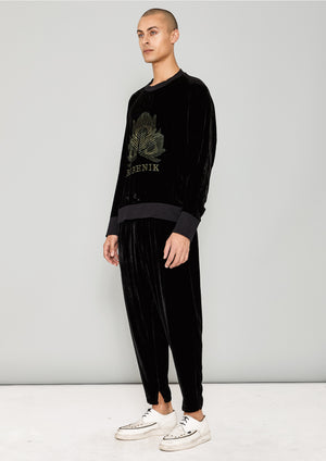 OVERSIZED SWEATER - SILK VELVET black with golden BERENIK embroidery - BERENIK
