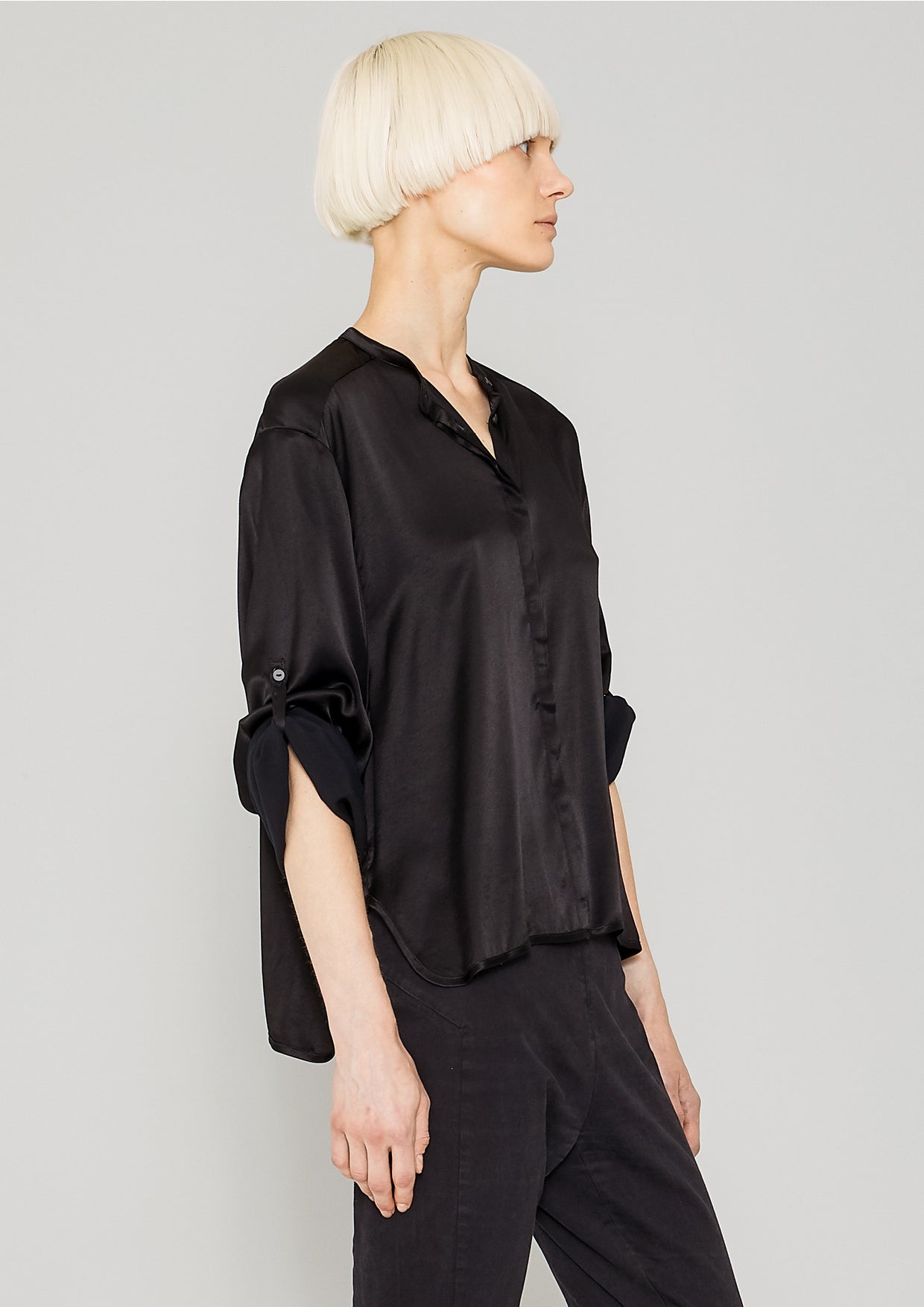 BLOUSE LONG SLEEVES - SILKY RAYON SATIN black - BERENIK
