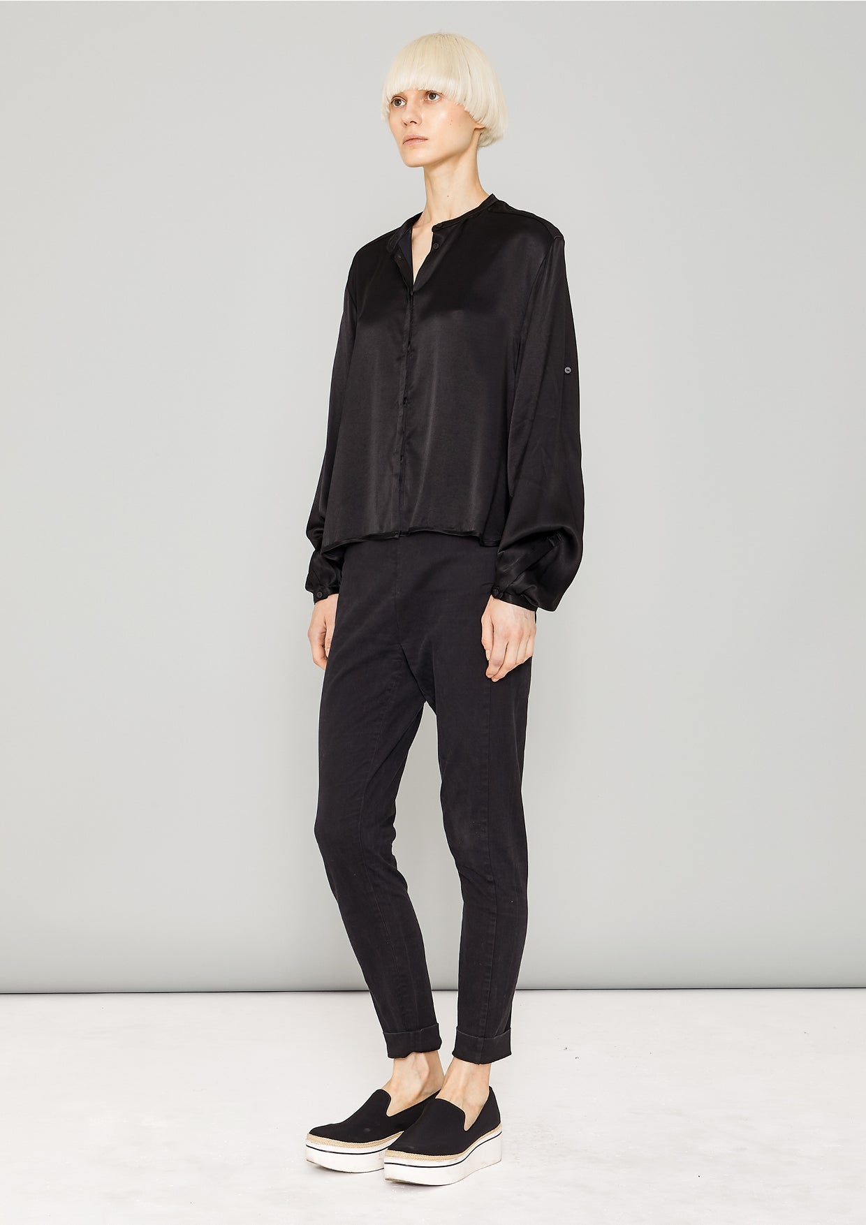 BLOUSE LONG SLEEVES - SILKY RAYON SATIN black - BERENIK