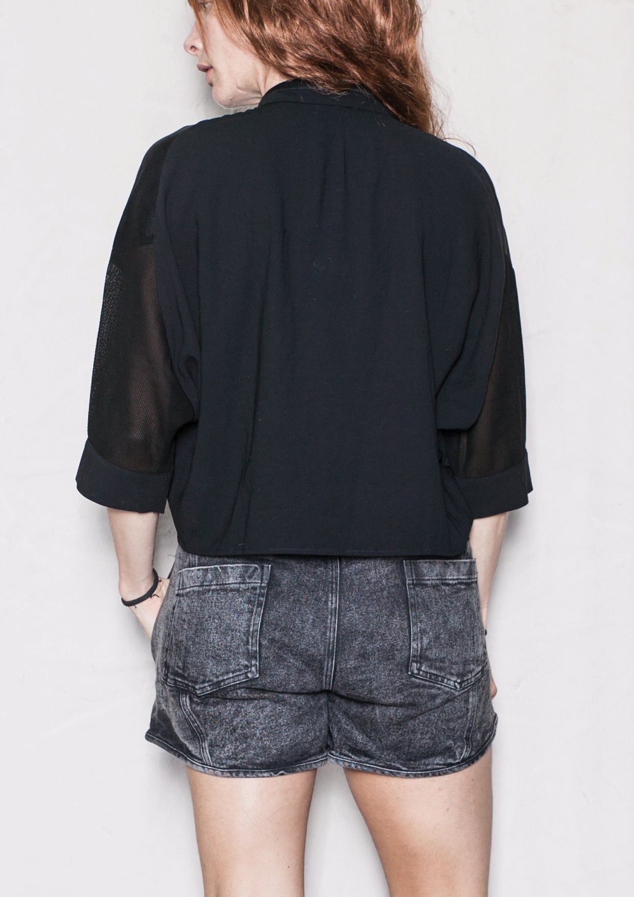 BLOUSE SHORT SLEEVES - SHINY/MESH black - BERENIK