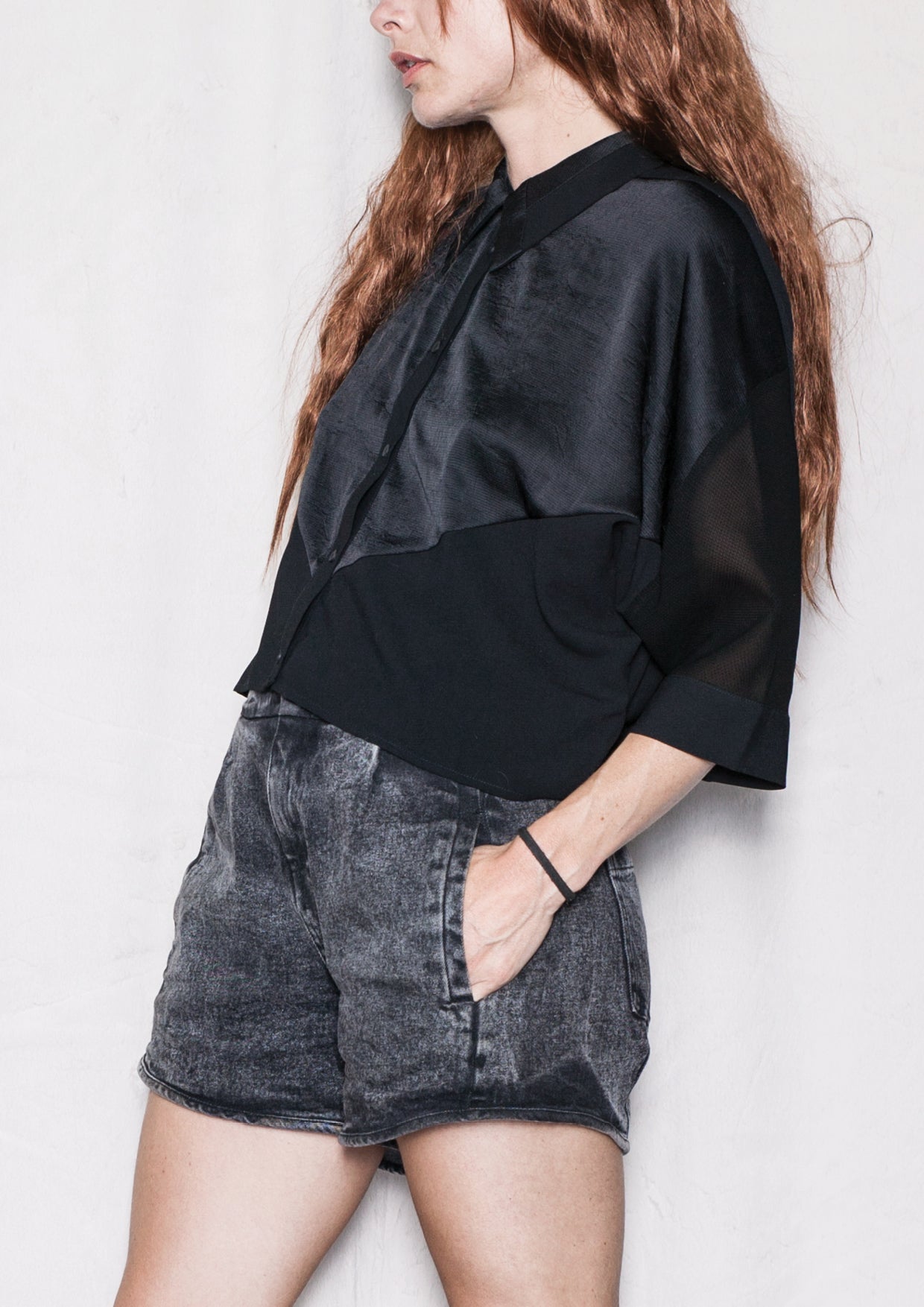 BLOUSE SHORT SLEEVES - SHINY/MESH black - BERENIK