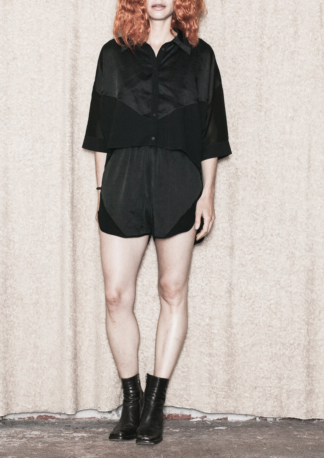 BLOUSE SHORT SLEEVES - SHINY/MESH black - BERENIK