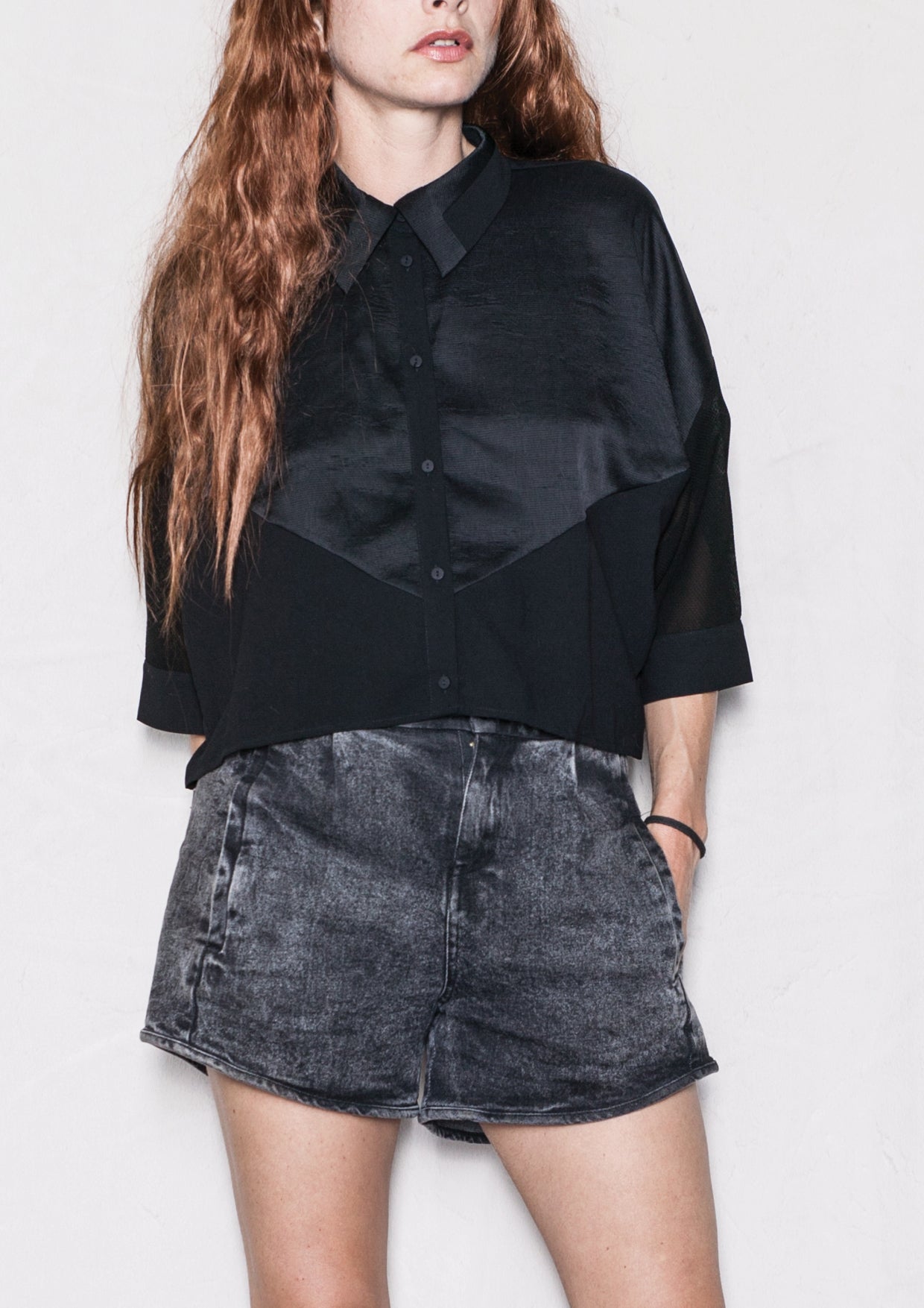 BLOUSE SHORT SLEEVES - SHINY/MESH black - BERENIK