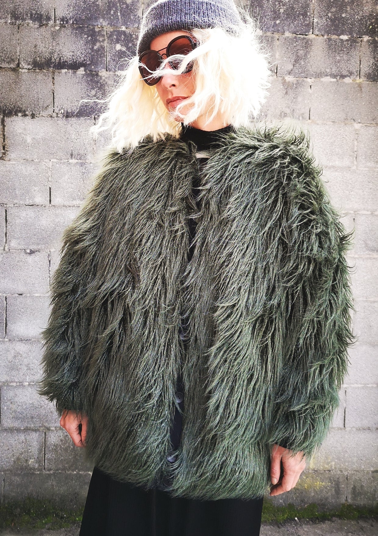 PILOT JACKET - FAUX FUR SHAGGY dark green / FUR LINING black - BERENIK