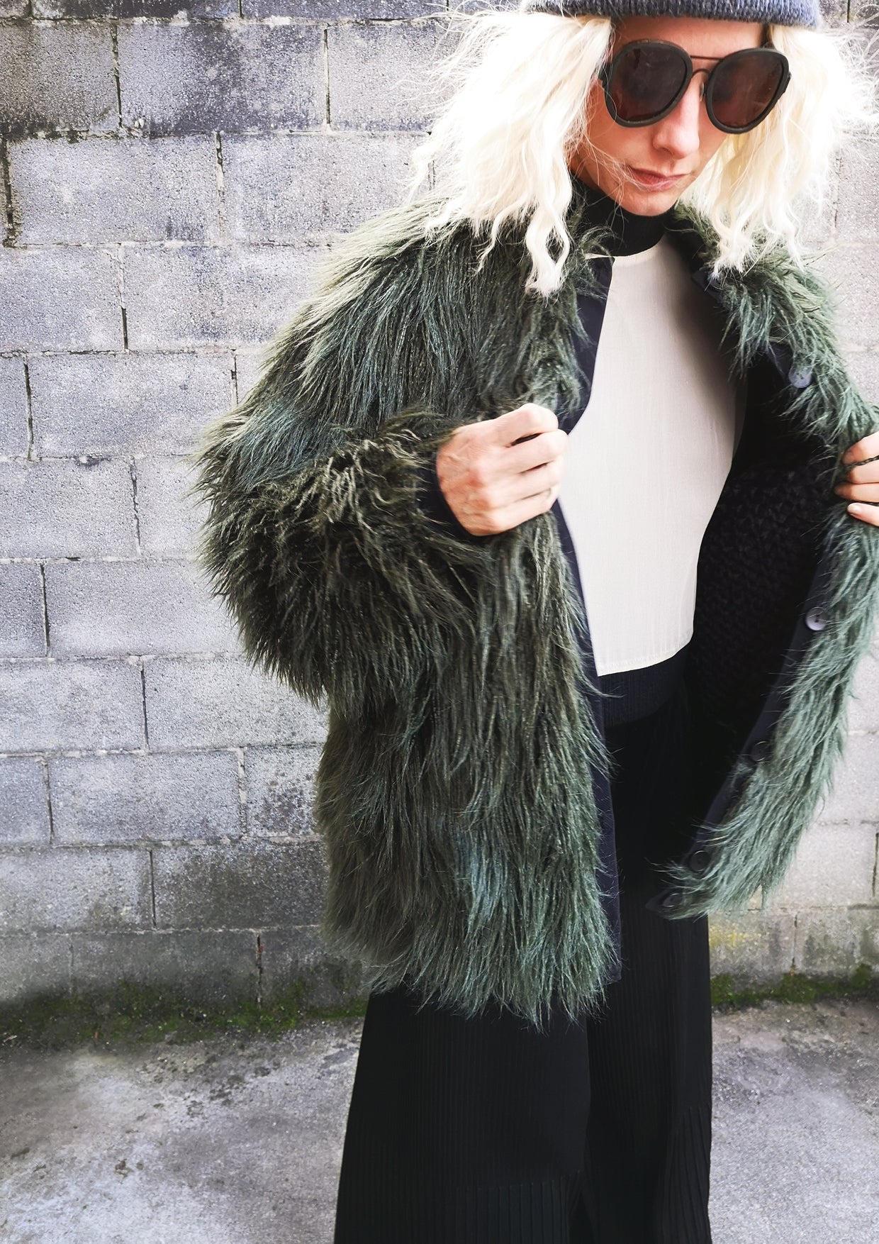 PILOT JACKET FAUX FUR SHAGGY dark green FUR LINING black BERENIK
