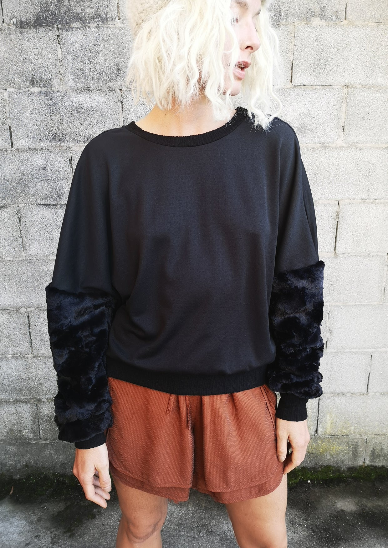 Faux fur sleeve sweatshirt online