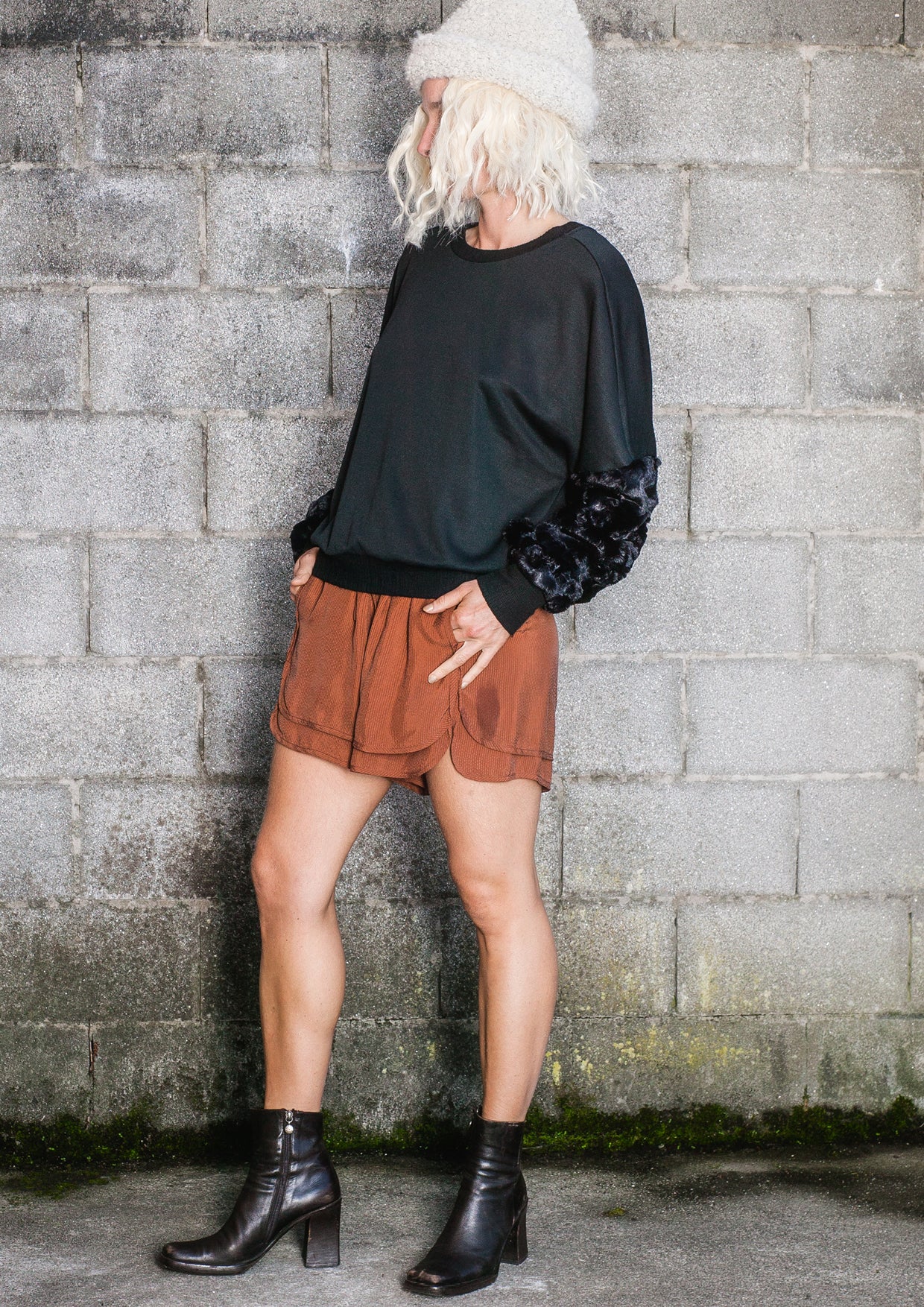 Faux fur sleeve sweater shop