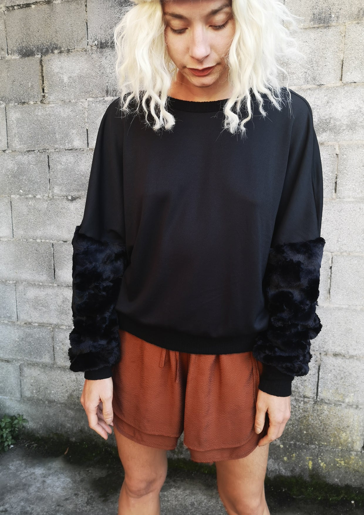 Black faux store fur sleeve jumper