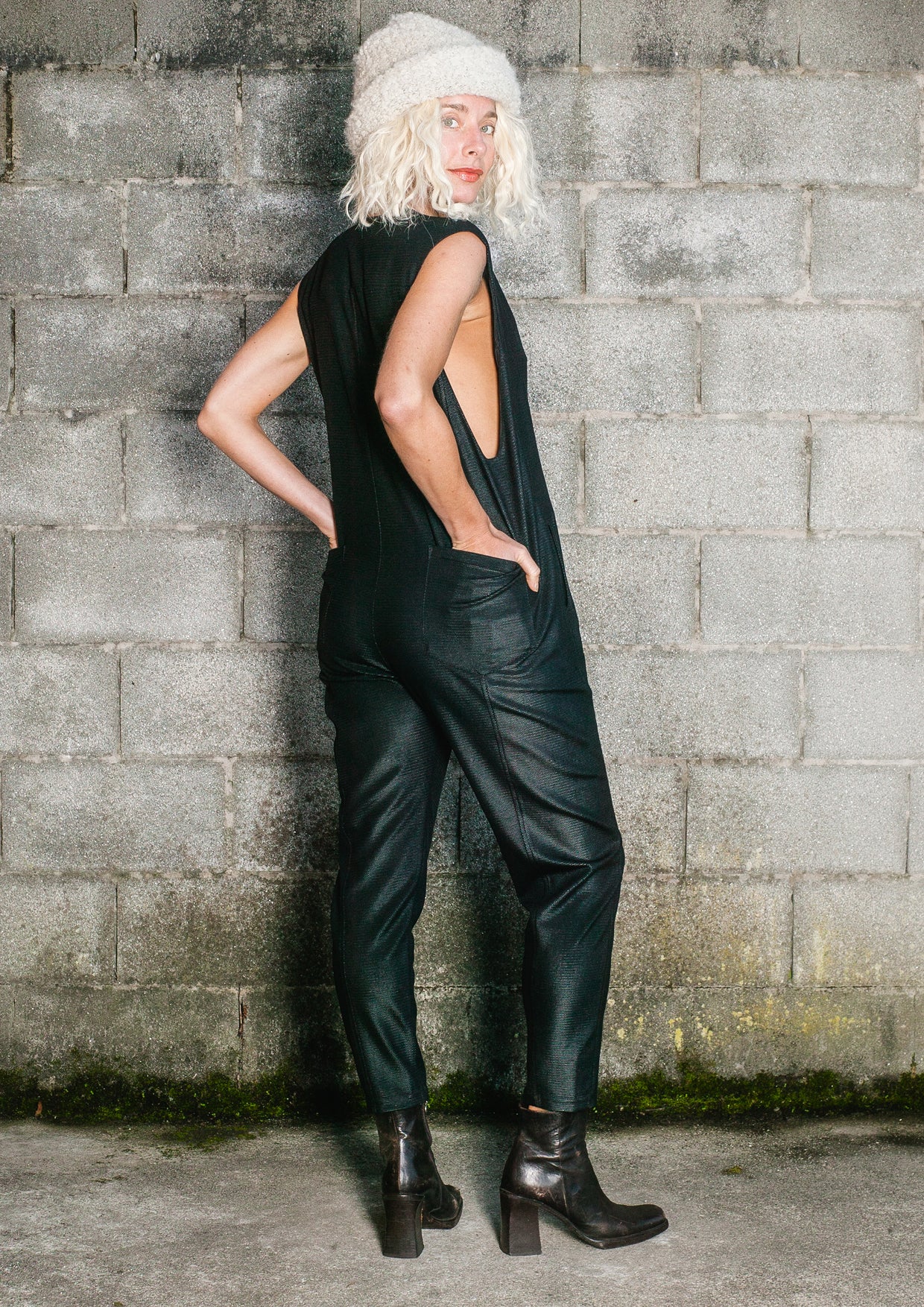 Black shiny jumpsuit discount