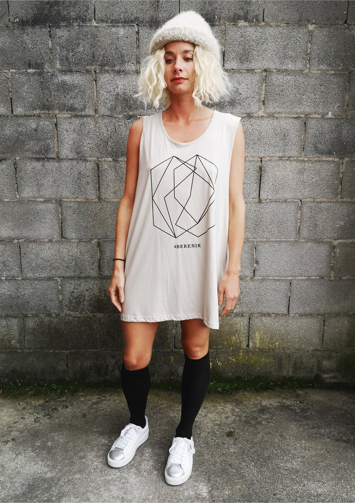 PRINT SHIRT / DRESS - SLEEVLESS COTTON light grey - BERENIK