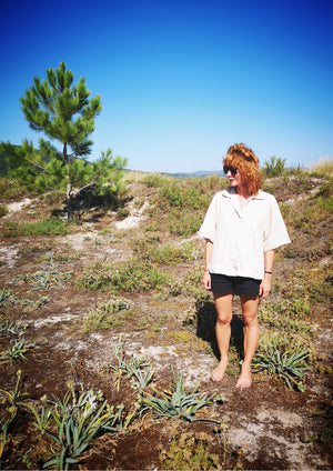 BLOUSE SHORT SLEEVES CONCEALED BUTTONS - LINEN natural white - BERENIK